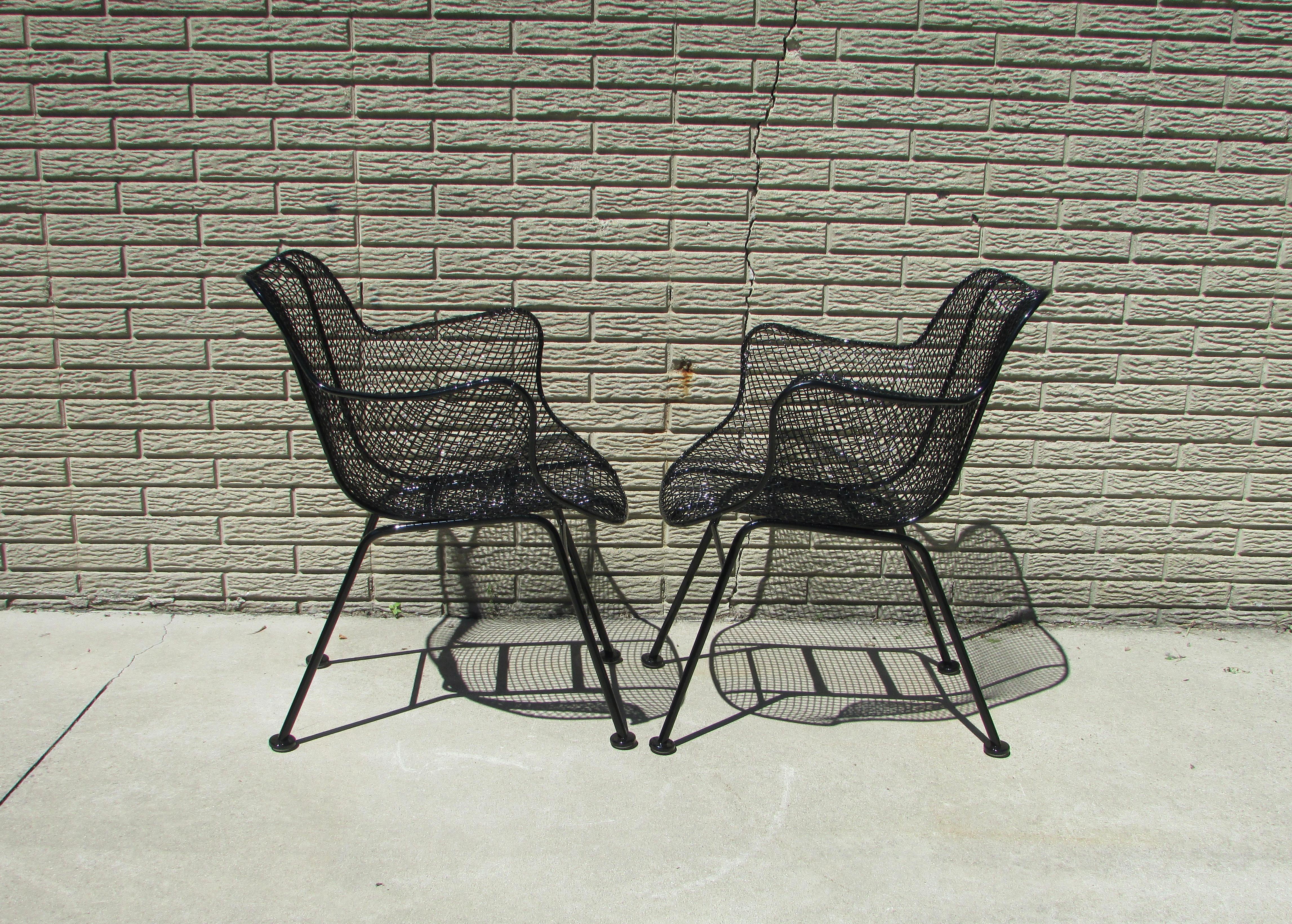 American Pair of Gloss Black Woodard Wrought Iron Frame with Steel Mesh Armchairs For Sale