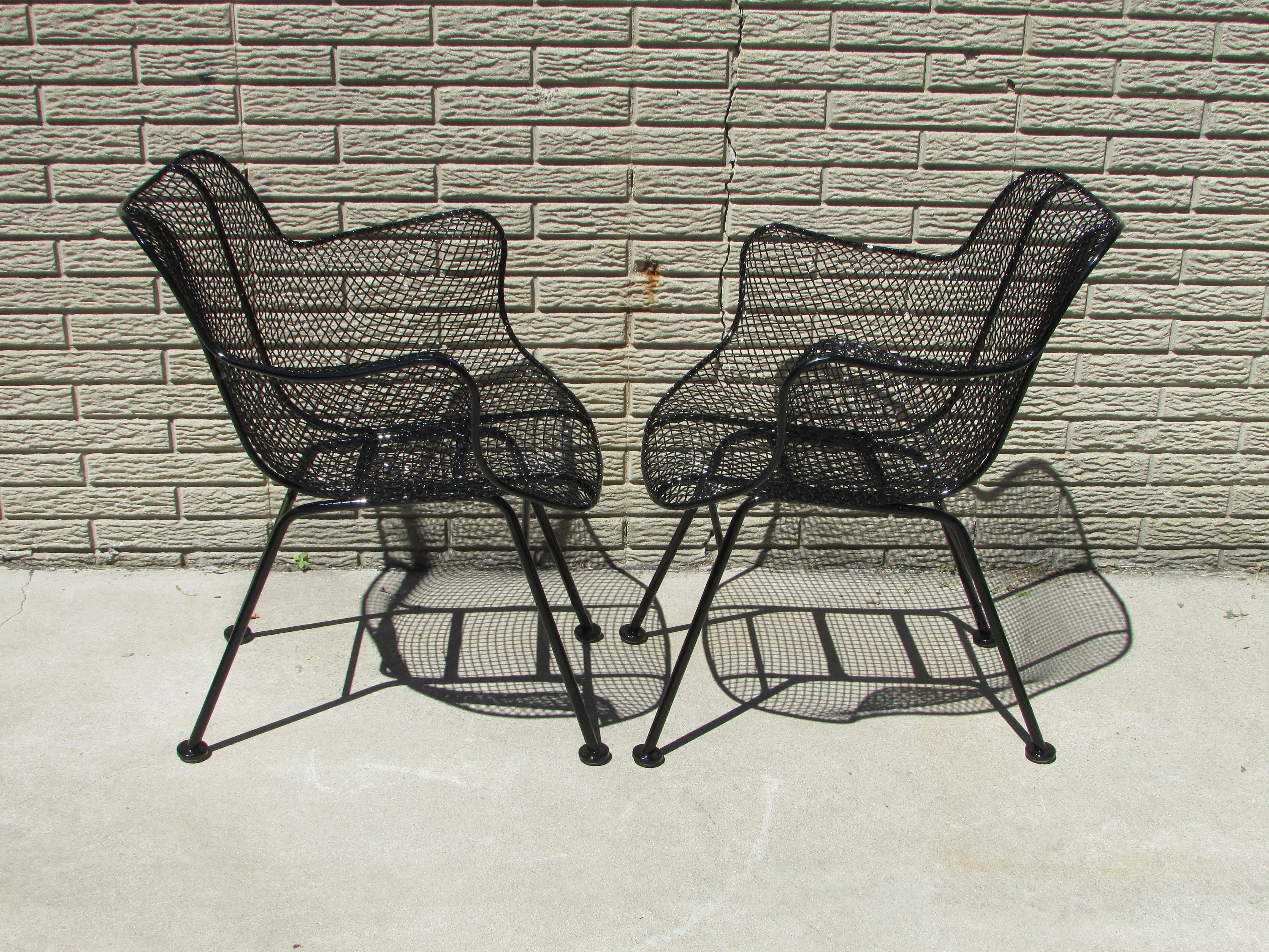 Pair of Gloss Black Woodard Wrought Iron Frame with Steel Mesh Armchairs For Sale 1
