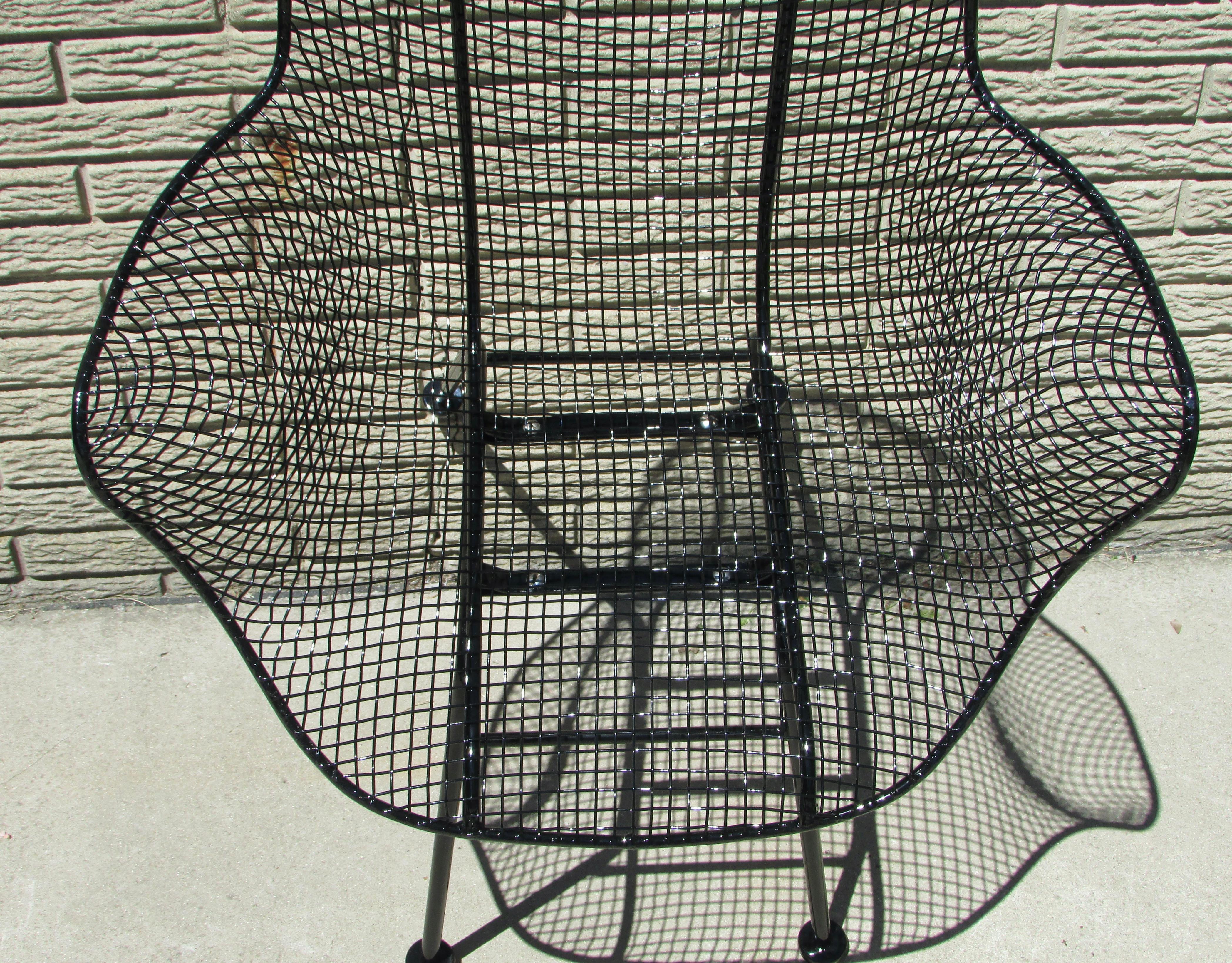 Pair of Gloss Black Woodard Wrought Iron Frame with Steel Mesh Armchairs For Sale 2