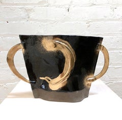 Pair of Glossy Black Flat Vases with Gold Moons by Alison Owen