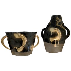 Pair of Glossy Black Flat Vases with Gold Moons by Alison Owen