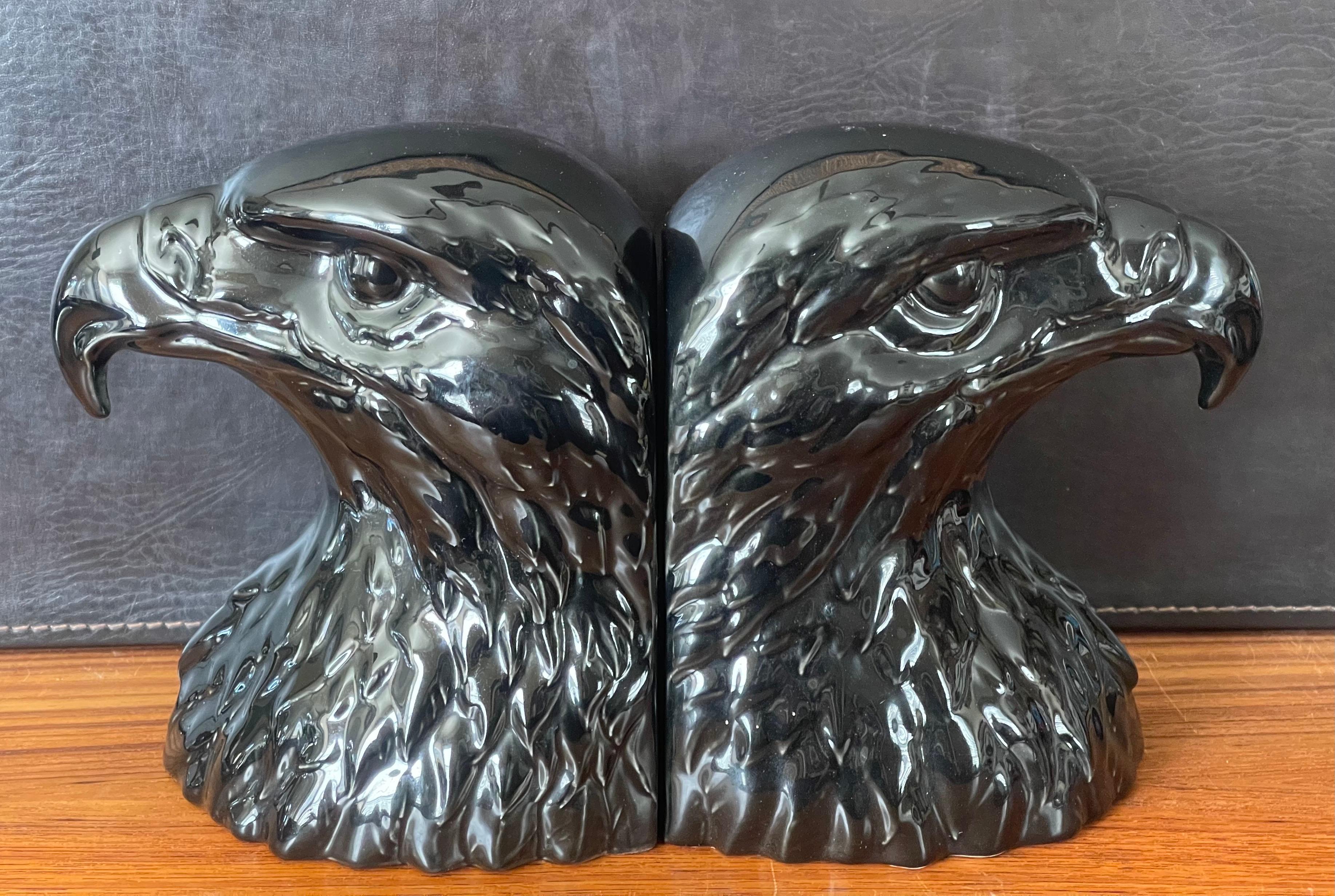 Mid-Century Modern Pair of Glossy Black Porcelain Eagle Head Bookends by Hispania Daiso / LLadro