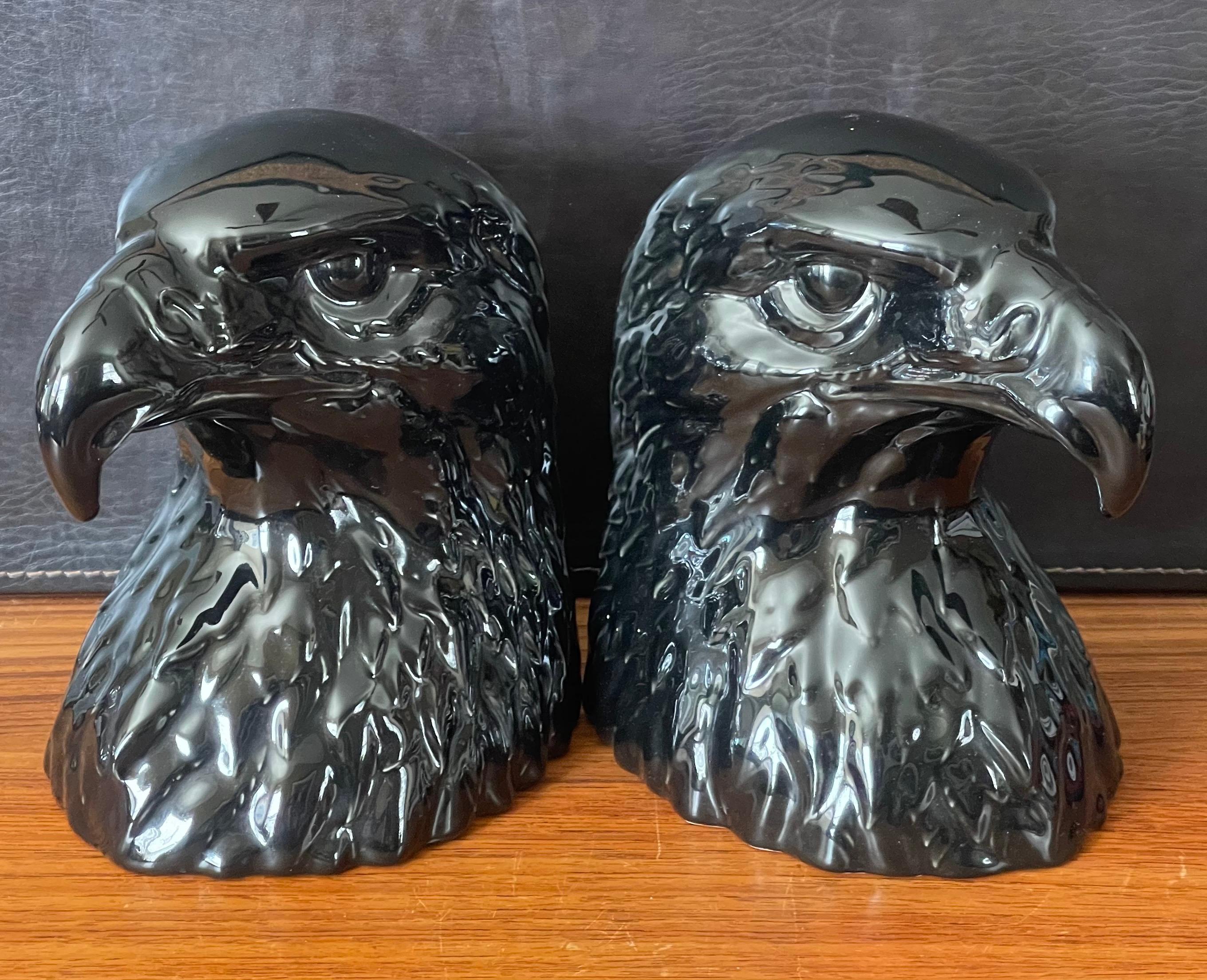 Spanish Pair of Glossy Black Porcelain Eagle Head Bookends by Hispania Daiso / LLadro For Sale