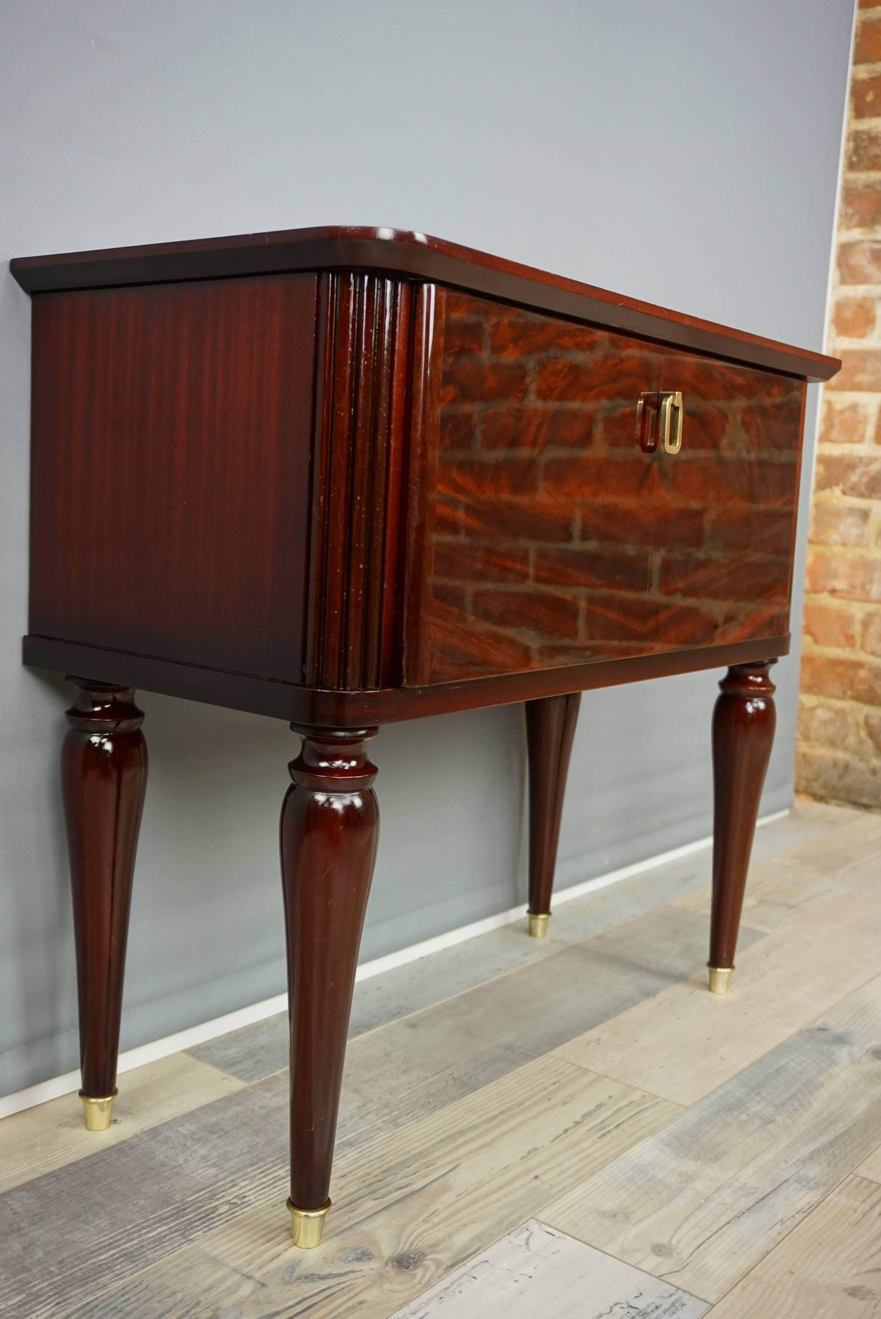 European Pair of Glossy Wooden and Brass Bedsides Table