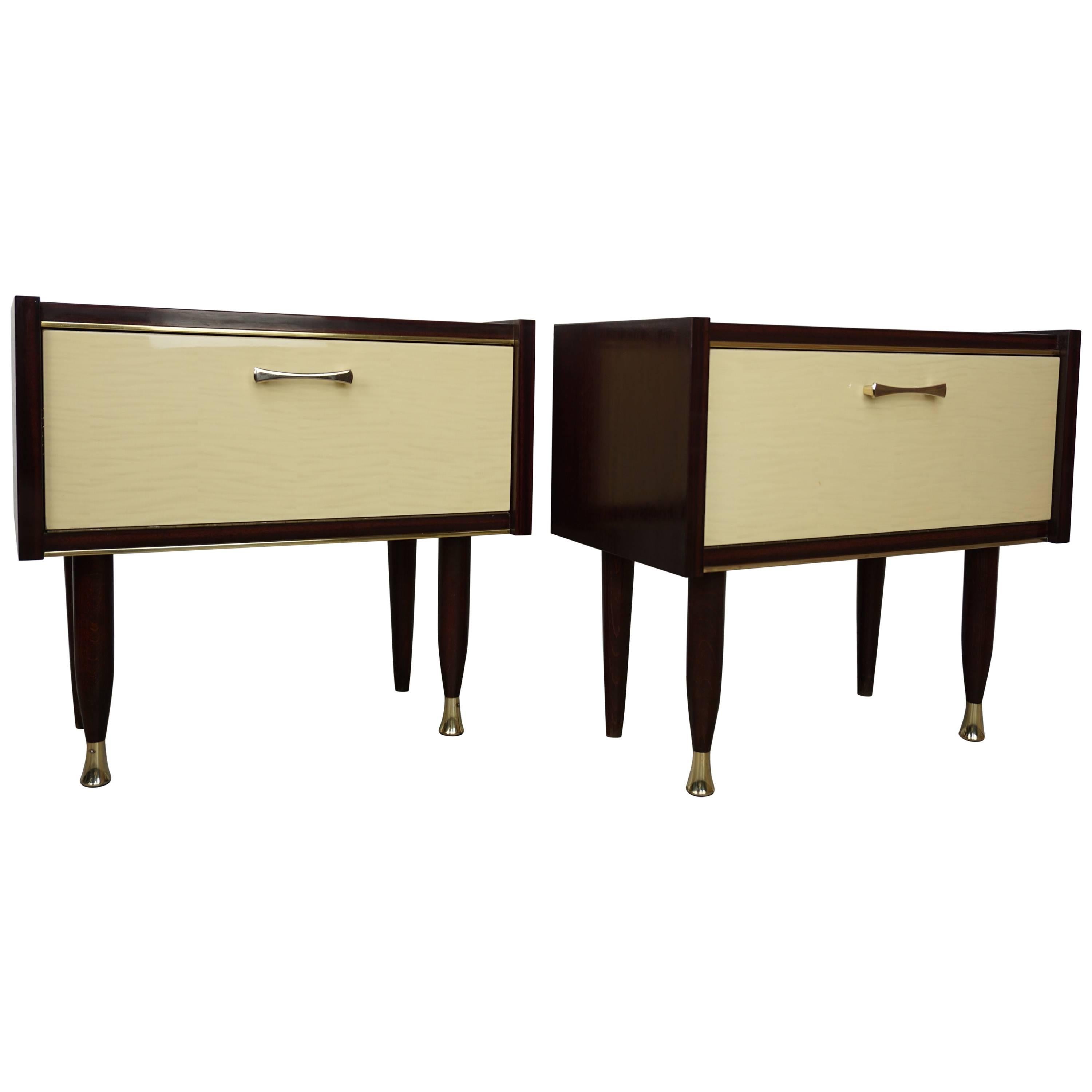 Pair of Glossy Wooden and Brass Bedsides Table of the 1950s French Design