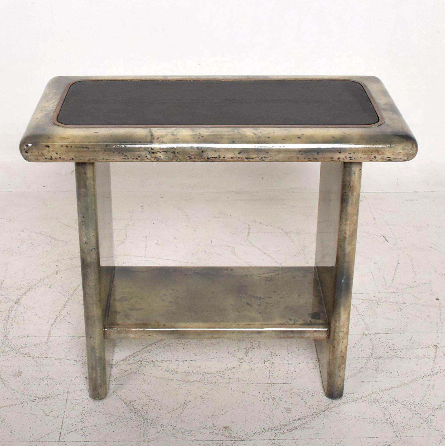 Brass Pair of Goatskin Parchment and Leather Side Tables