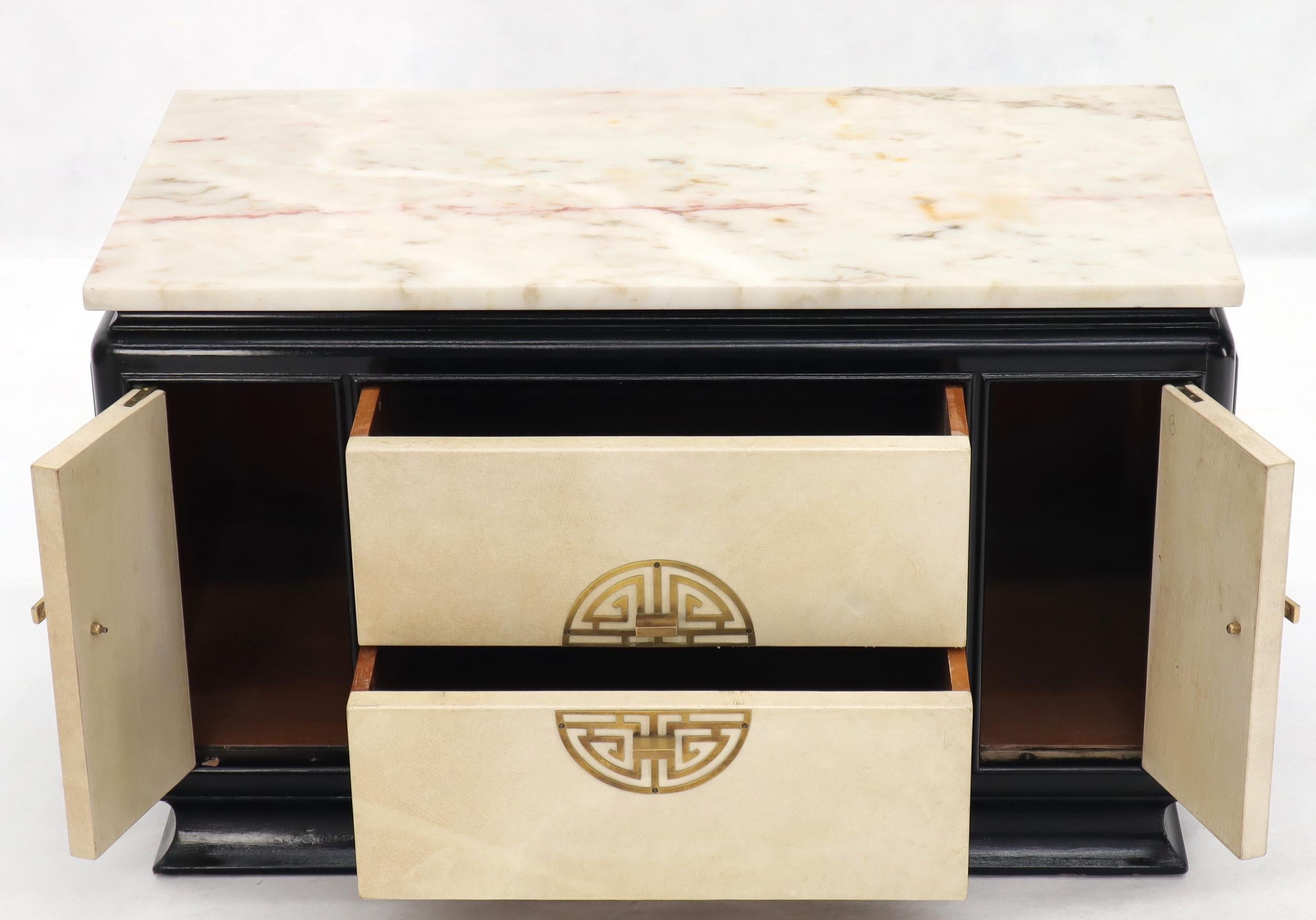 Pair of Goatskin Parchment Front Marble Top Black Lacquer End Tables Nightstands 4