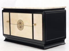 Pair of Goatskin Parchment Front Marble Top Black Lacquer End Tables Nightstands