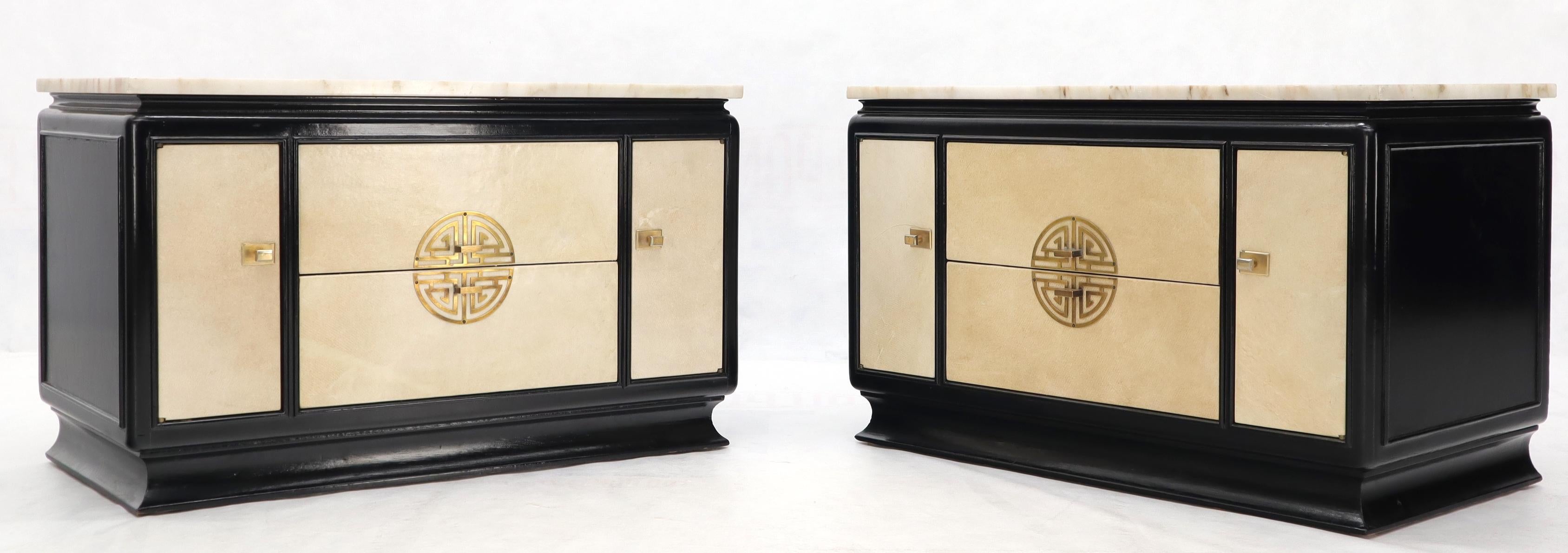 Mid-Century Modern Pair of Goatskin Parchment Front Marble Top Black Lacquer End Tables Nightstands