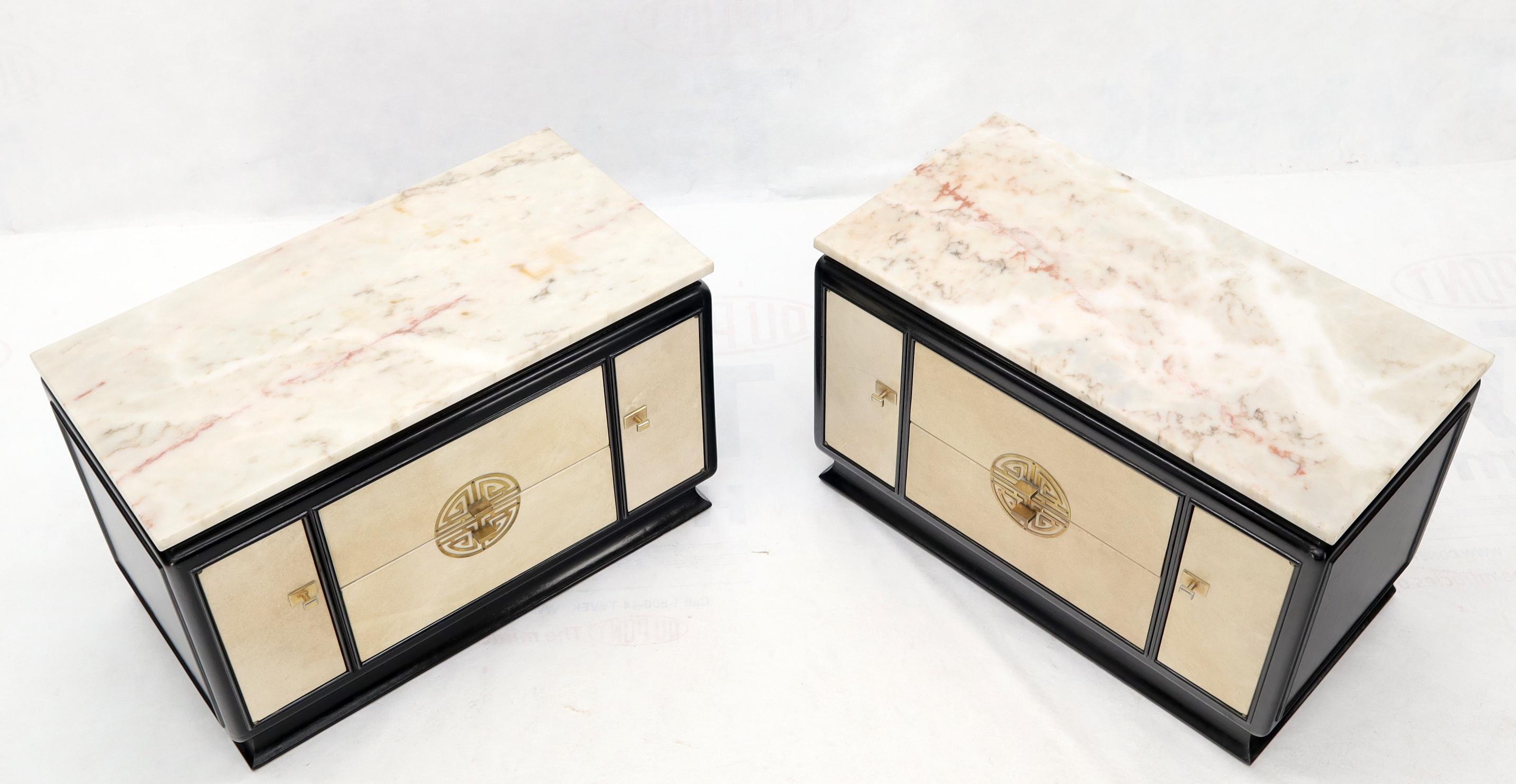 Italian Pair of Goatskin Parchment Front Marble Top Black Lacquer End Tables Nightstands