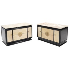 Pair of Goatskin Parchment Front Marble Top Black Lacquer End Tables Nightstands