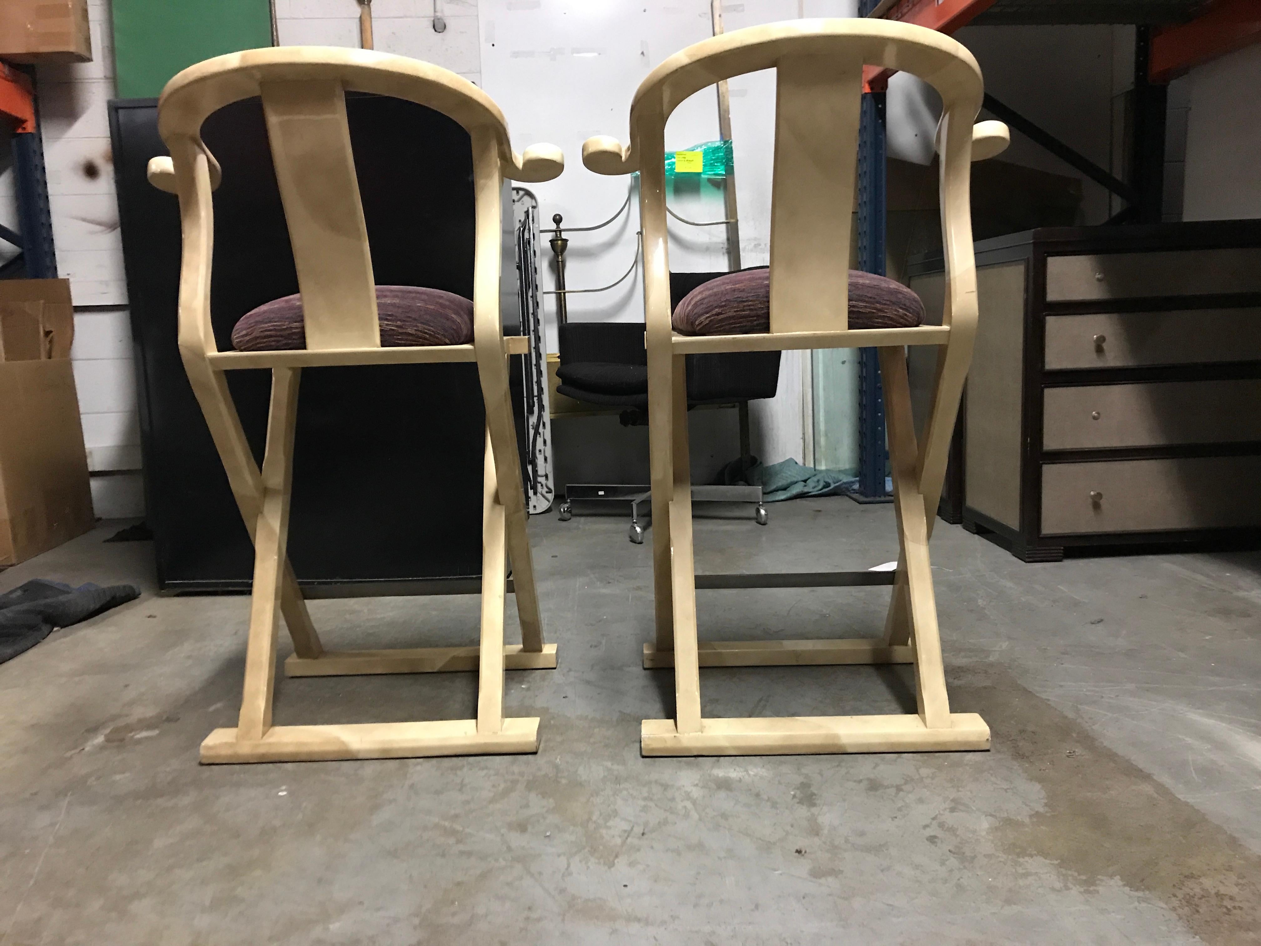 Upholstery Pair of Goatskin-Parchment Yoke Bar Stools by Enrique Garcel