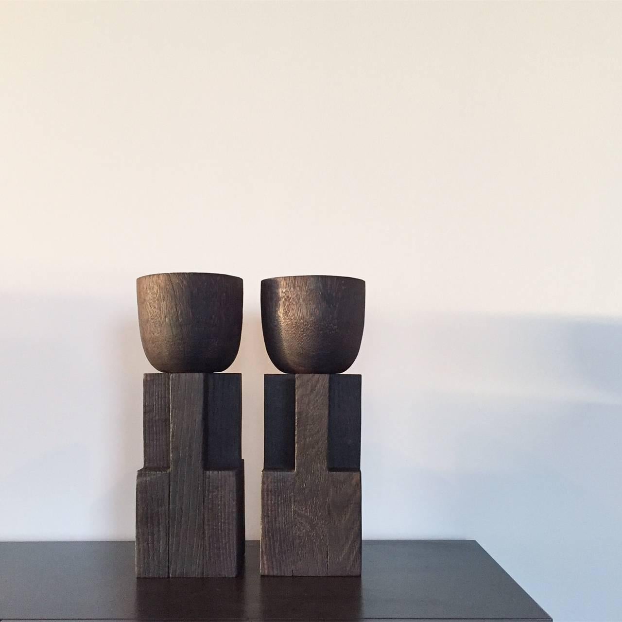 Modern Pair of Goblet Bowl, Iroko and Oak, Signed Arno Declercq For Sale