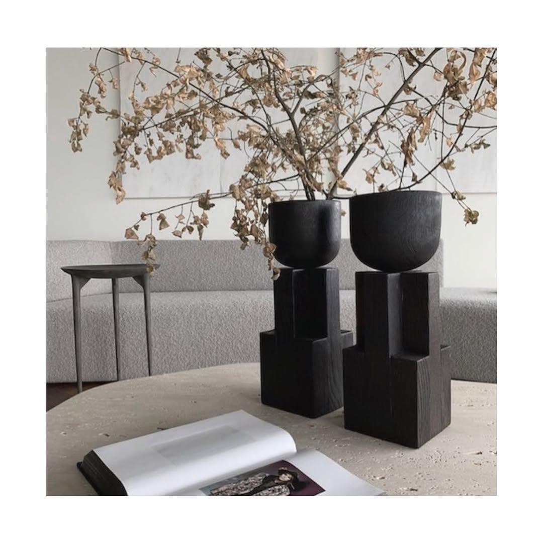 Pair of Black Iroko Wood Goblet Bowl, Signed Arno Declercq For Sale 2