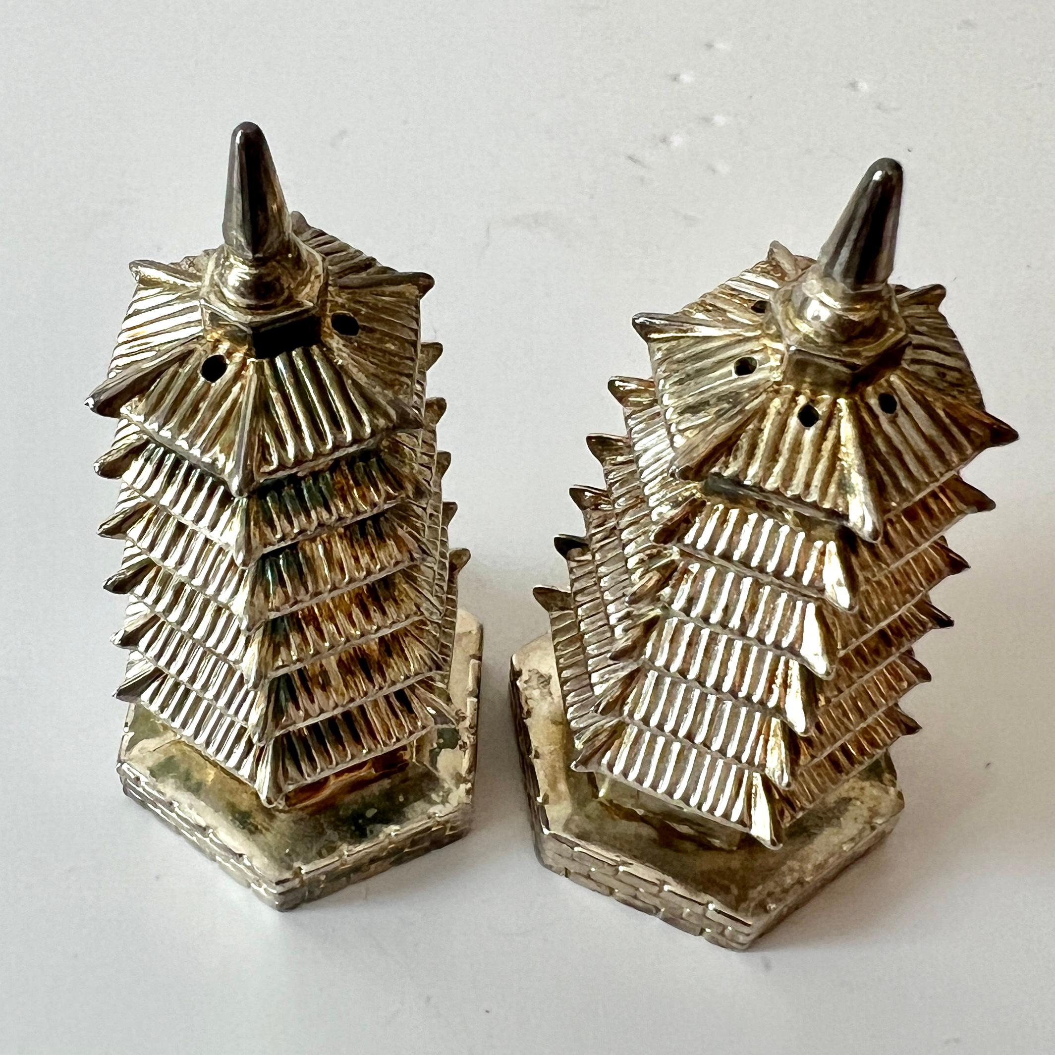 Silver Plate Pair of Godinger Chinoiserie Salt and Pepper in Origninal Neiman Marcus Box