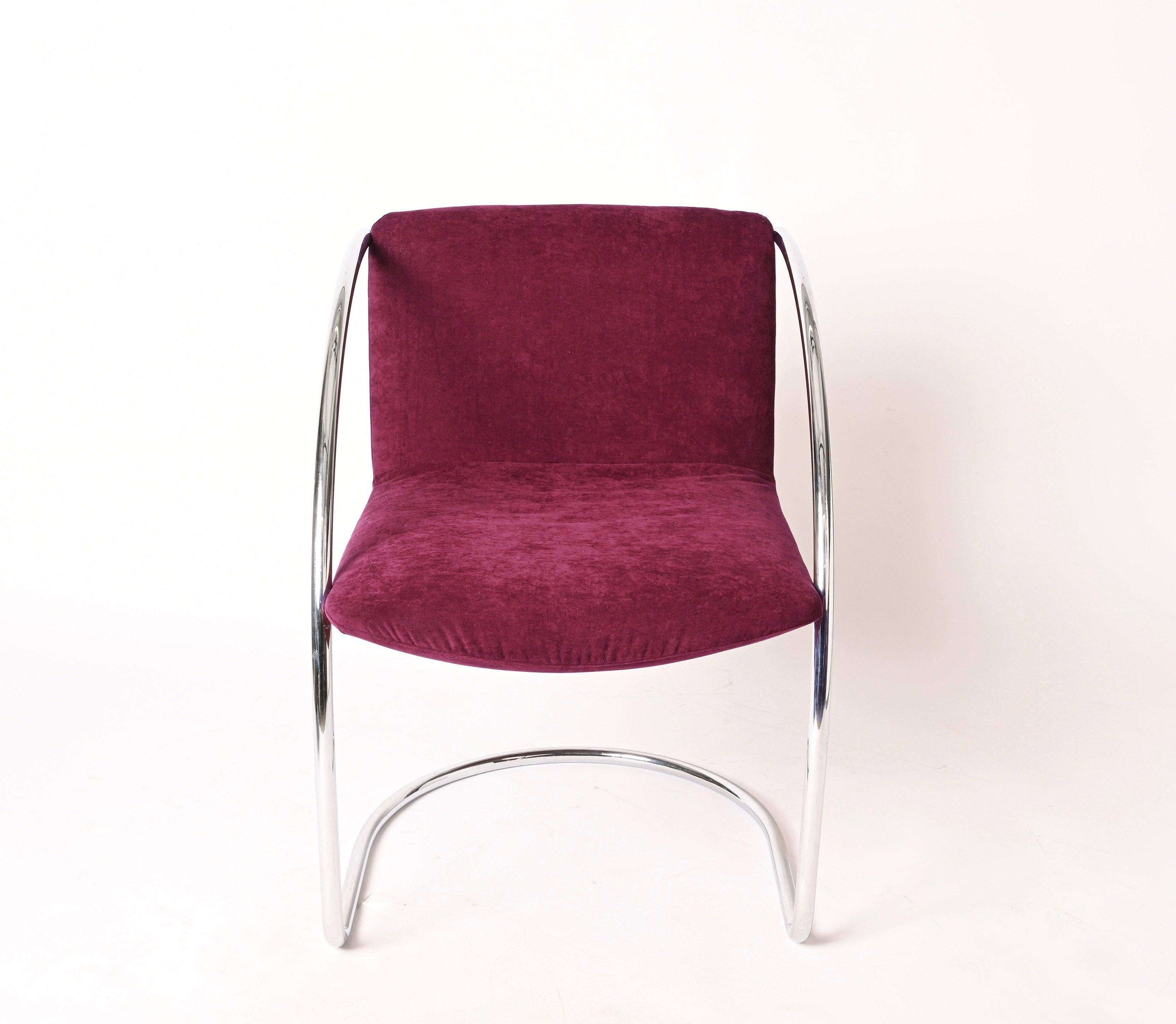 Paar „Lens“-Stühle von G. Offredi aus pflaumenfarbenem Samt und Chrom, Saporiti Italien 1968 im Angebot 4