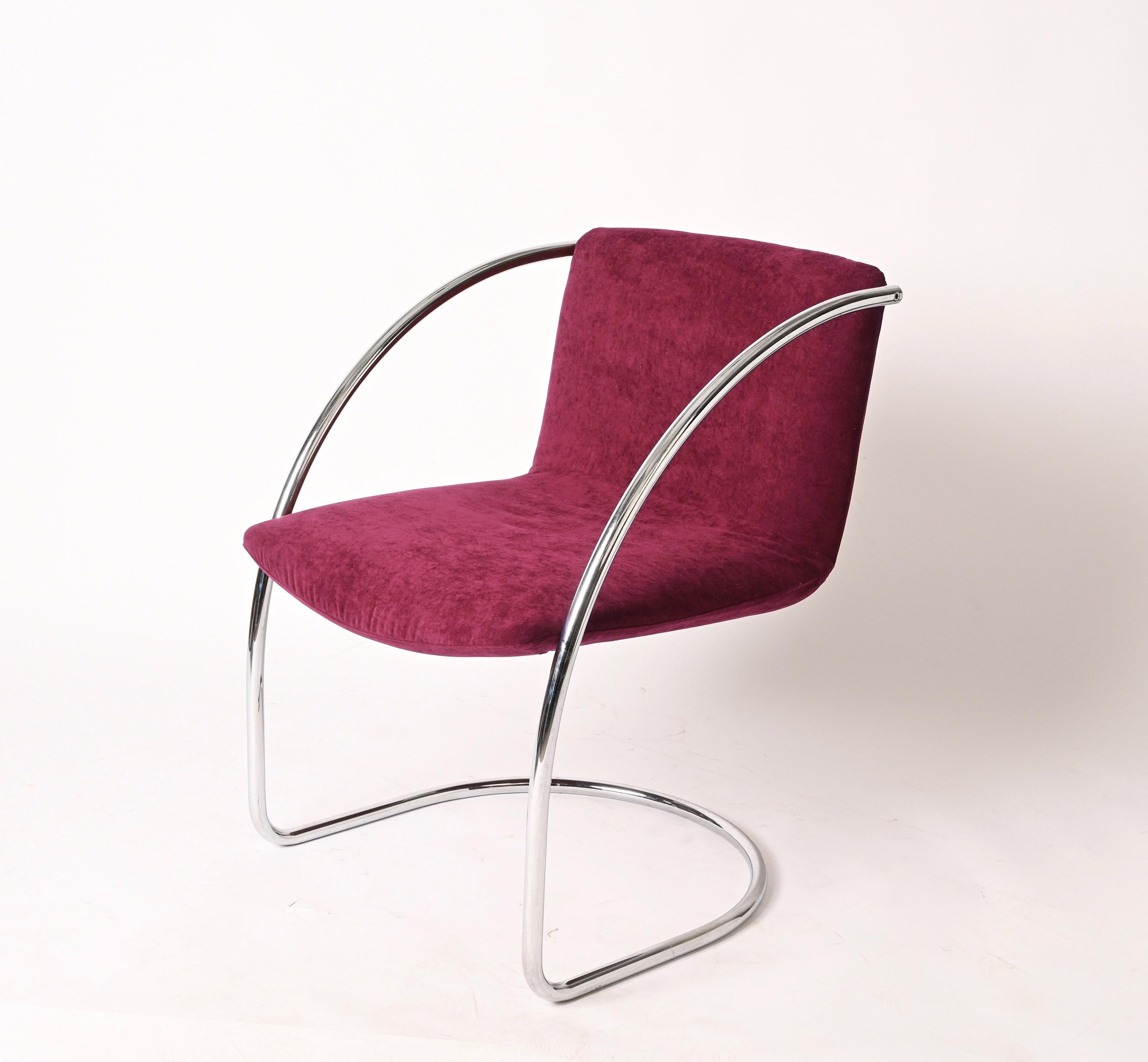 Paar „Lens“-Stühle von G. Offredi aus pflaumenfarbenem Samt und Chrom, Saporiti Italien 1968 im Angebot 8