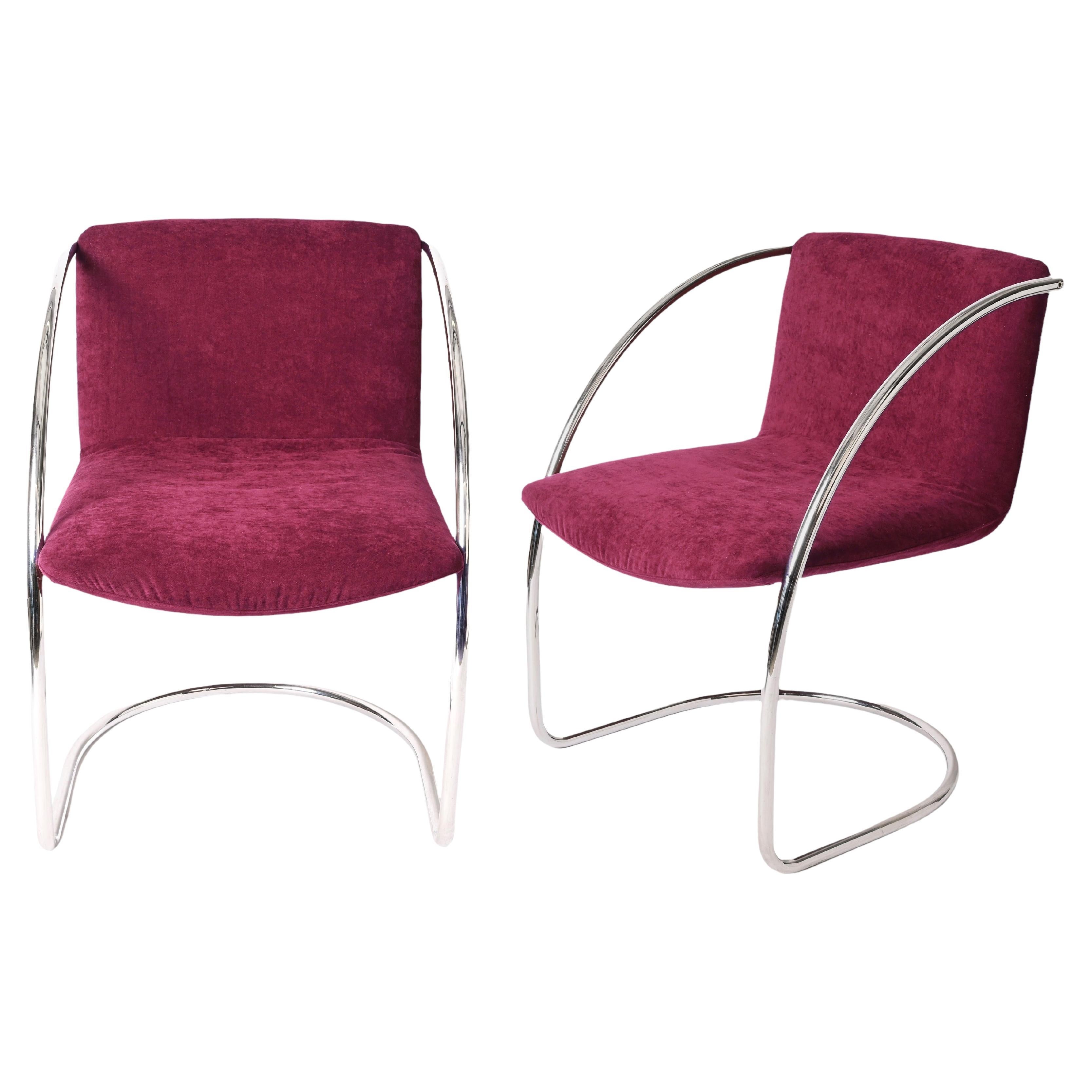 Pair of "Lens" Chairs by G. Offredi Plum Velvet and Chrome, Saporiti Italy 1968
