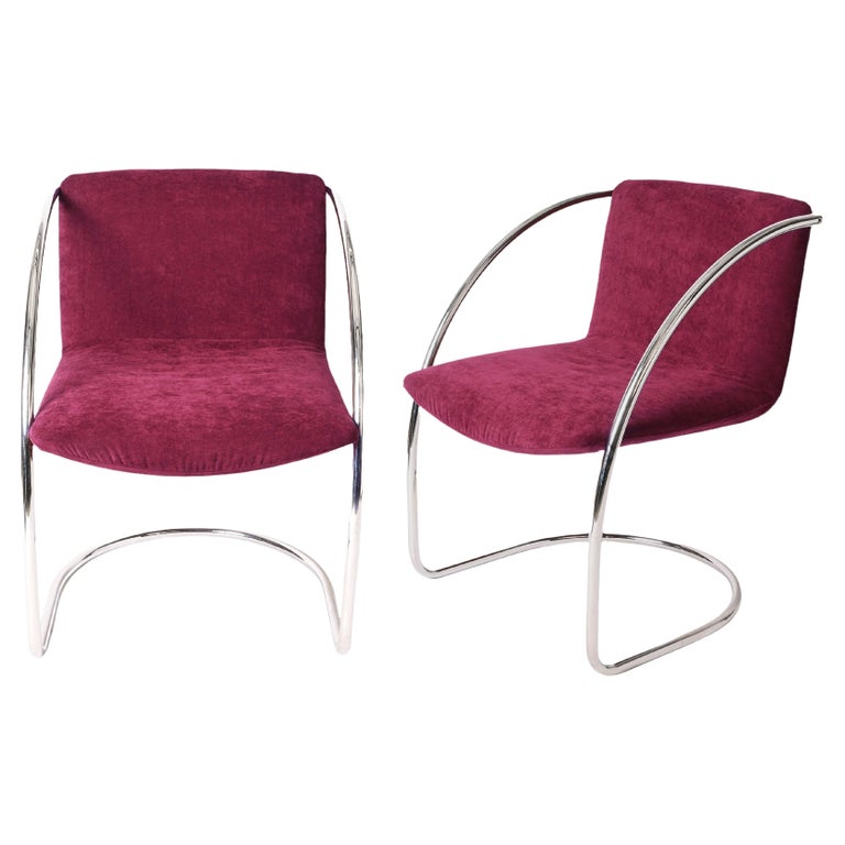 Pair of G. Offredi Plum Fabric and Steel Italian "Lens" Chairs for Saporiti 1968 For Sale