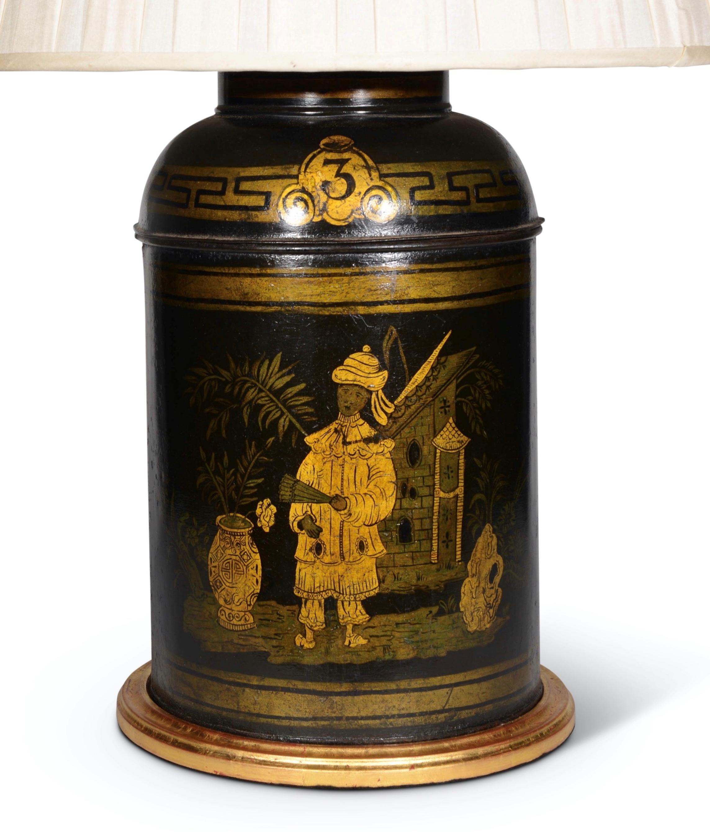 Paire de lampes de bureau anciennes boîte à thé en or et noir du 19ème siècle Bon état - En vente à London, GB