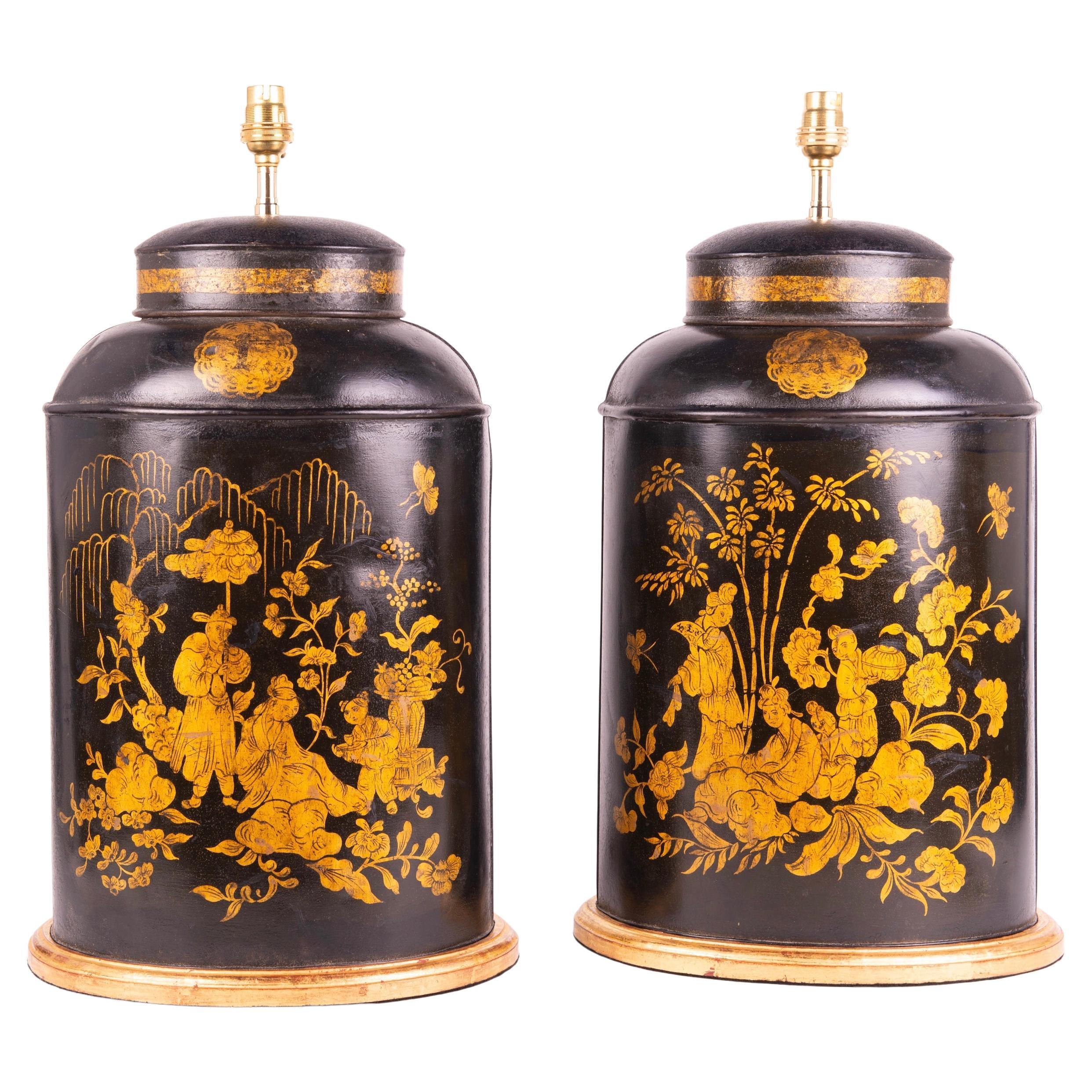 Paire de lampes de bureau anciennes en forme de boîte à thé en or et noir du 19ème siècle