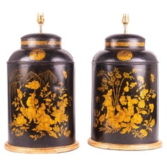Pair of Gold and Black 19th Century Tea Canister Antique Table Lamps