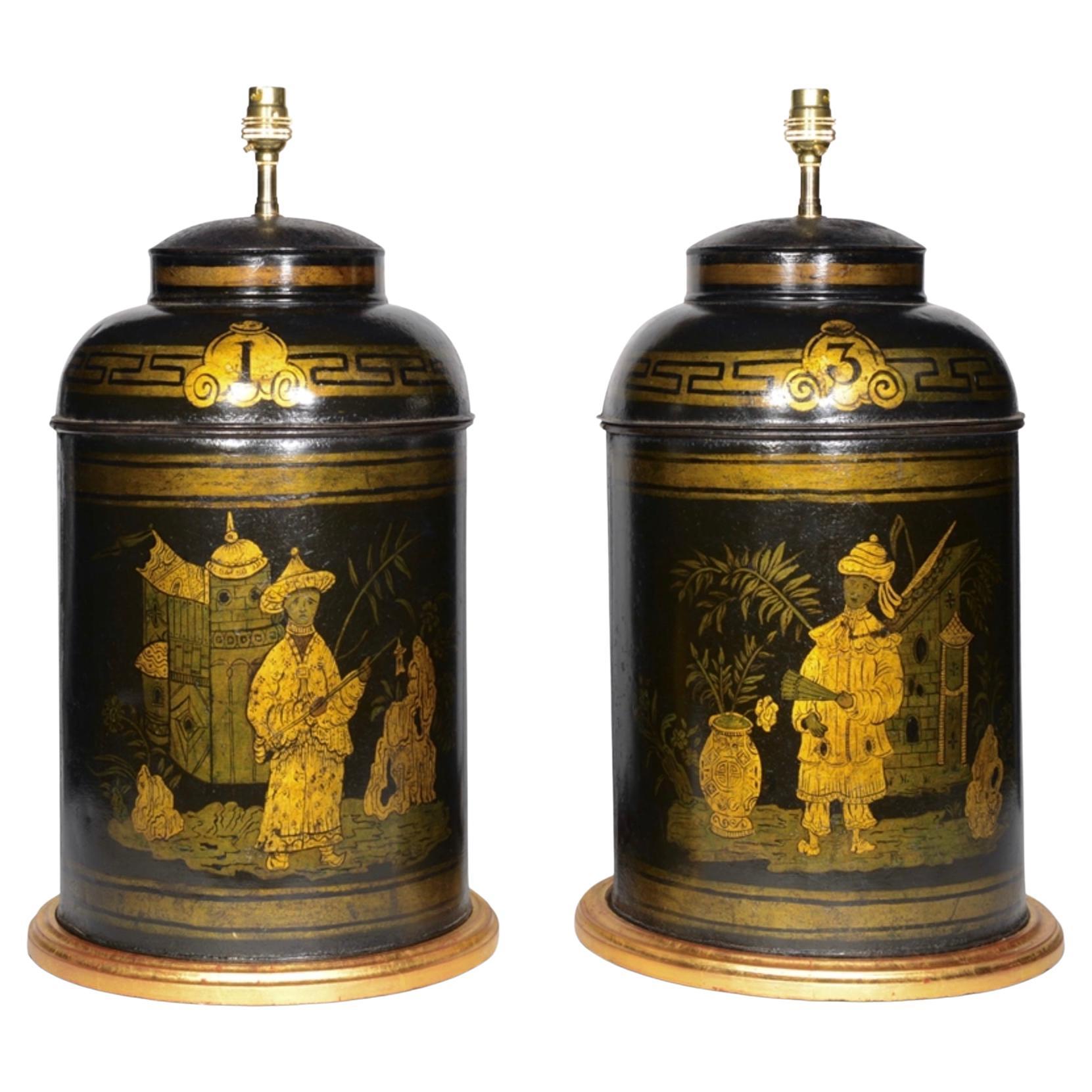 Paar antike Gold- und Schwarze Teekanister-Tischlampen aus dem 19. Jahrhundert