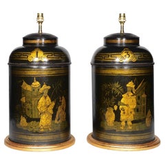 Pair of Gold and Black 19th Century Tea Canister Vintage Table Lamps