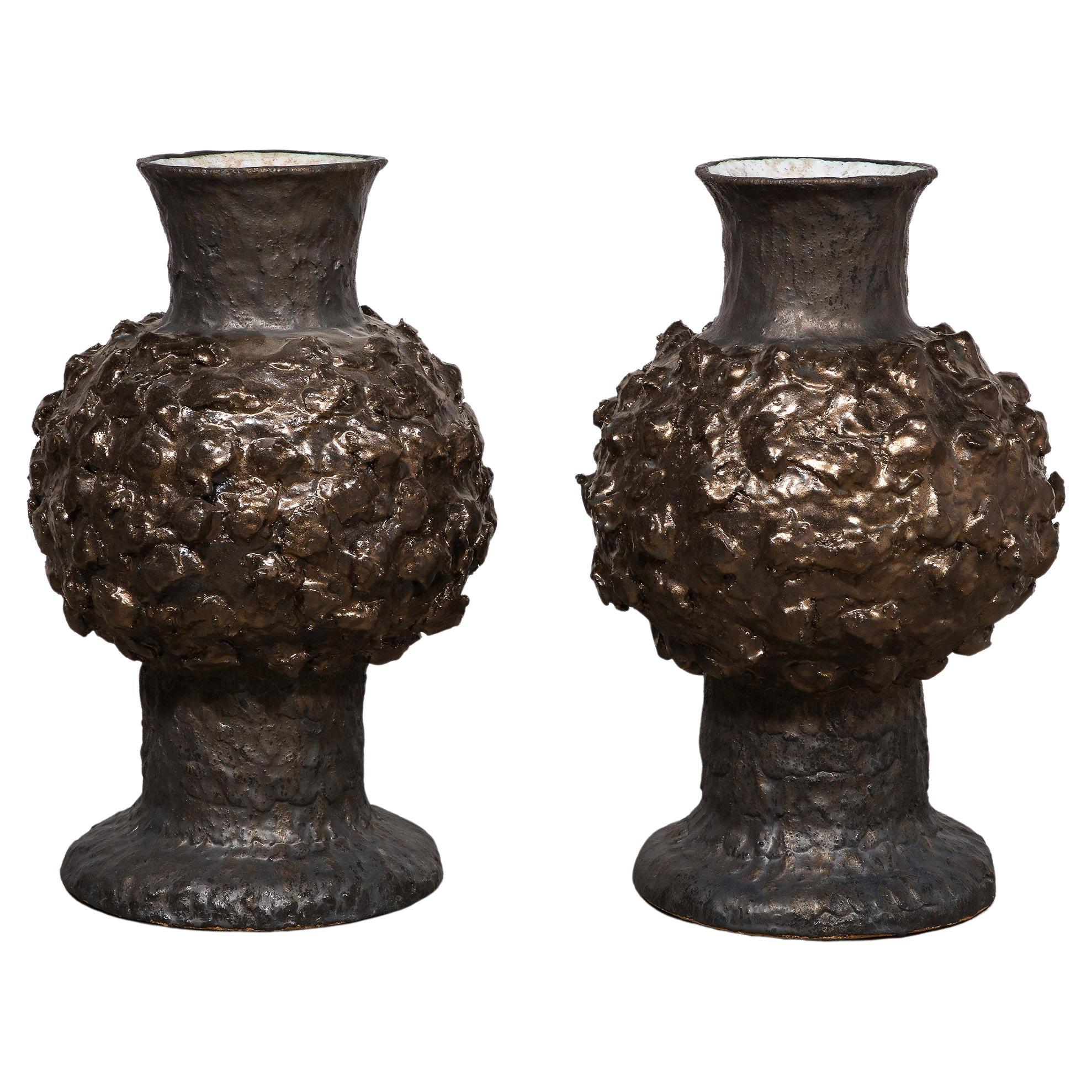 Pair of Gold and Black Ceramic Vases by Shizue Imai For Sale