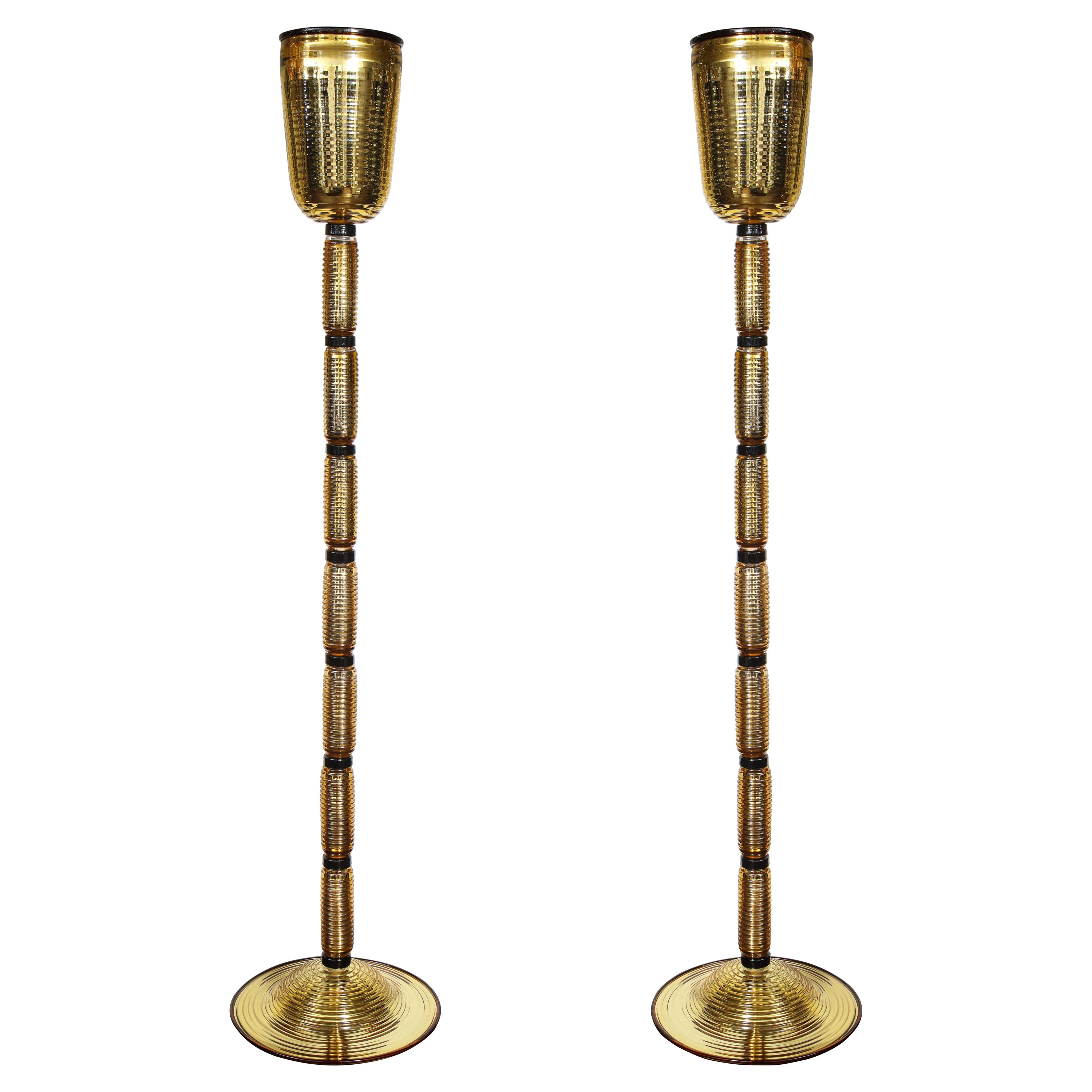 Pareja de lámparas de pie de cristal de Murano opaco dorado y negro