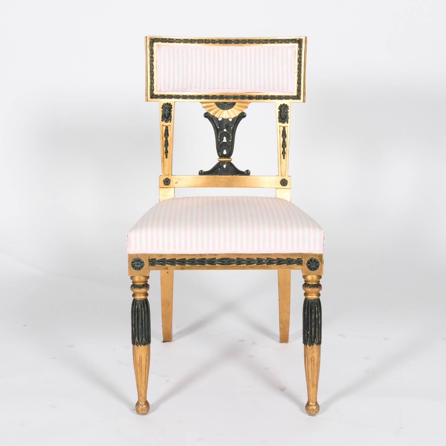 Gilt Pair of Gold and Black Painted Gustavian Side Chairs, circa 1900