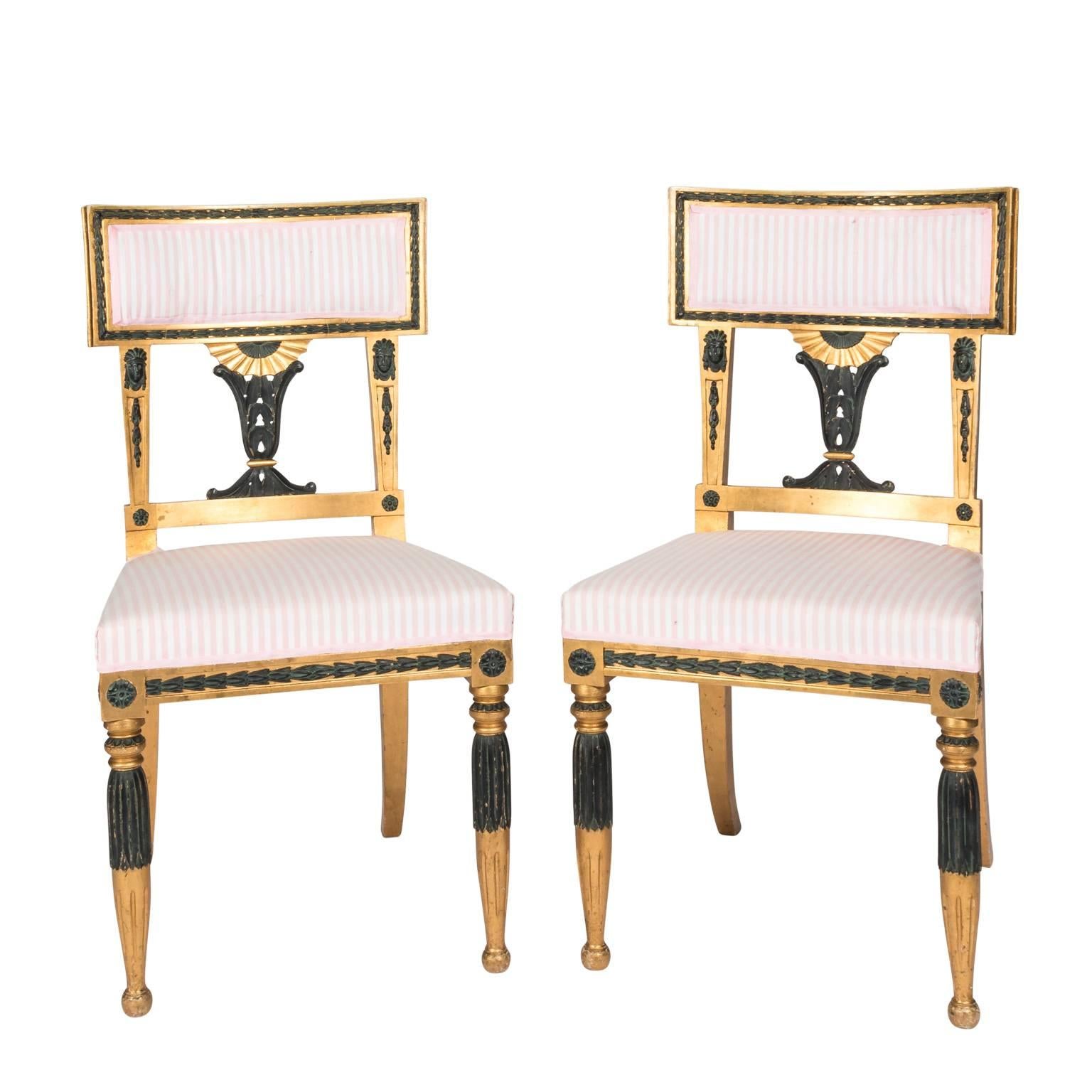 Pair of Gold and Black Painted Gustavian Side Chairs, circa 1900