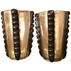 Pair of Gold and Black Signed Costantini Murano Glass Vases
