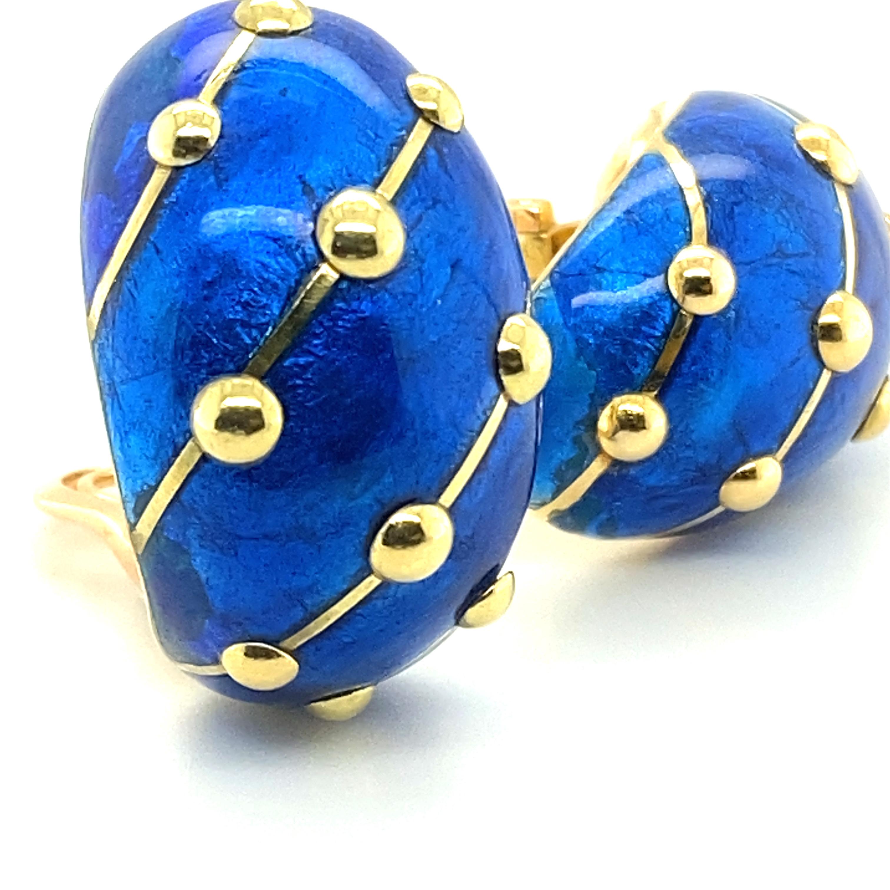 Modern Pair of Gold and Blue Paillonné Enamel 'Banana' Earrings by Jean Schlumberger
