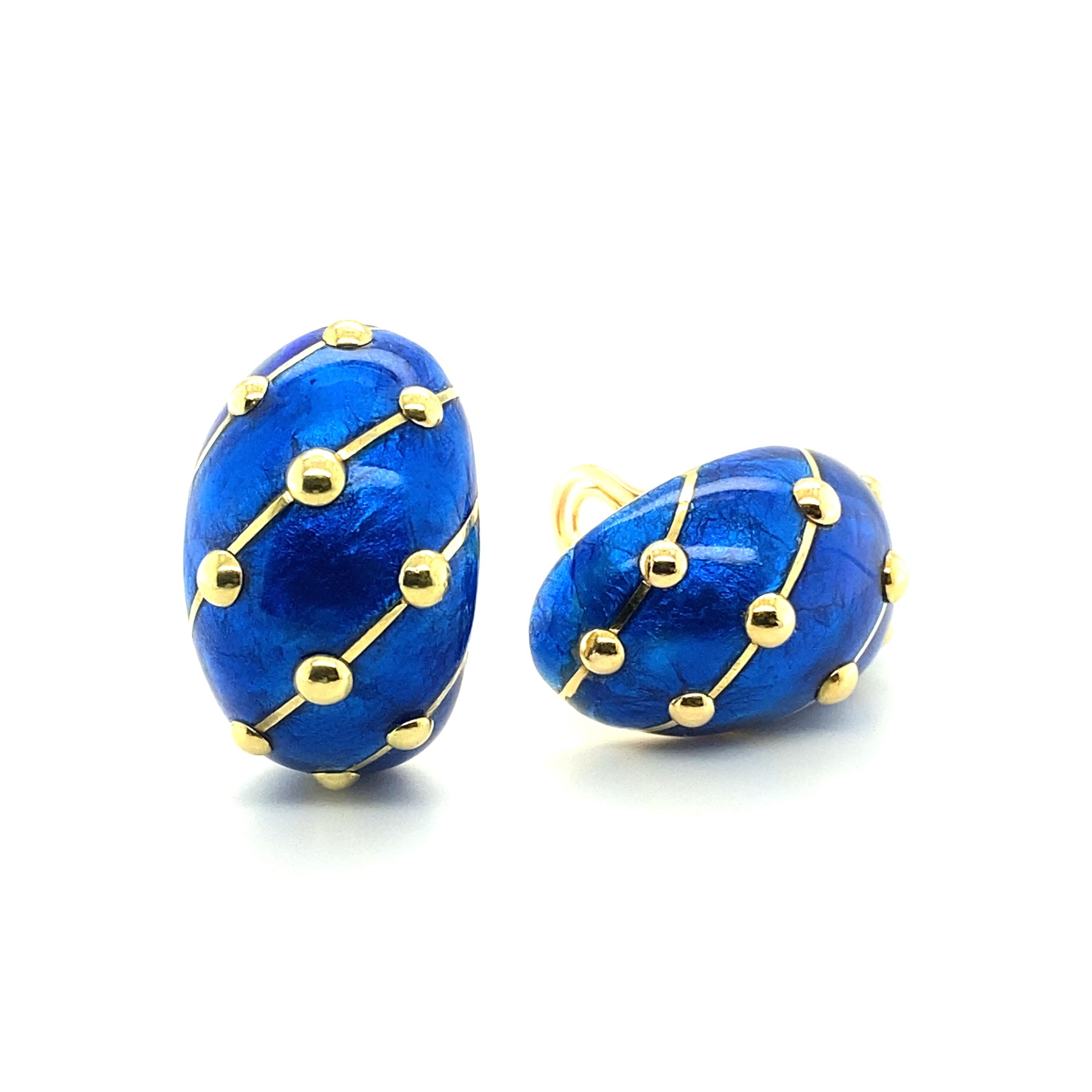 Pair of Gold and Blue Paillonné Enamel 'Banana' Earrings by Jean Schlumberger In Good Condition In Lucerne, CH