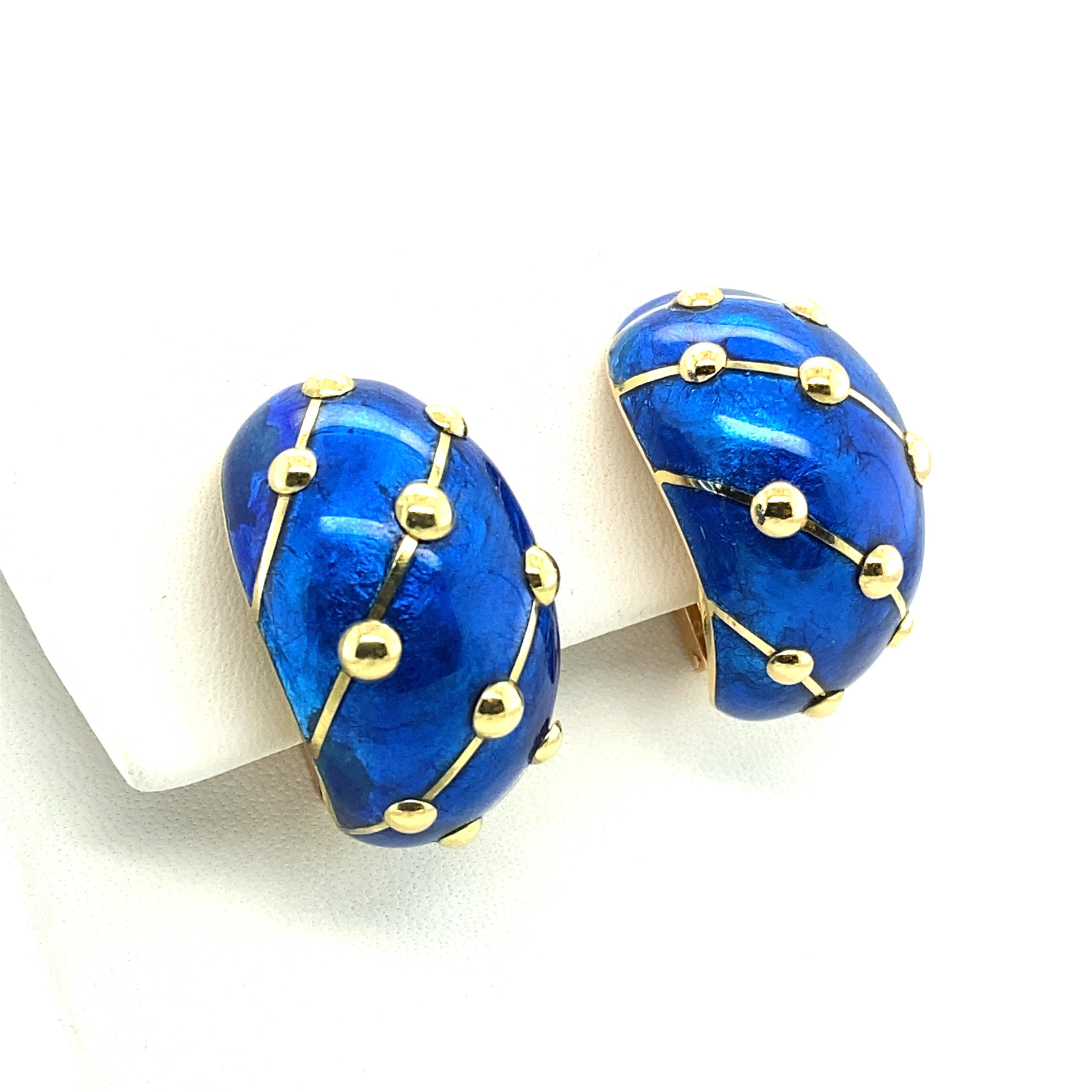 Women's or Men's Pair of Gold and Blue Paillonné Enamel 'Banana' Earrings by Jean Schlumberger