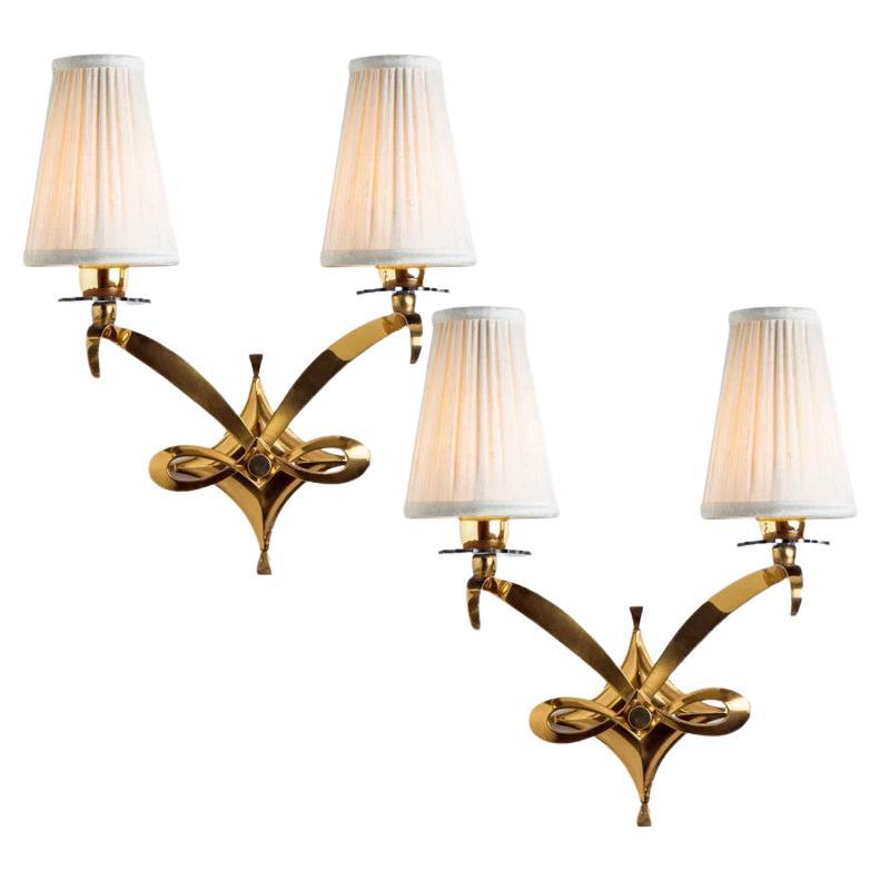 Pair of Gold and Brass Wall Sconces, Leleu, 1960 For Sale