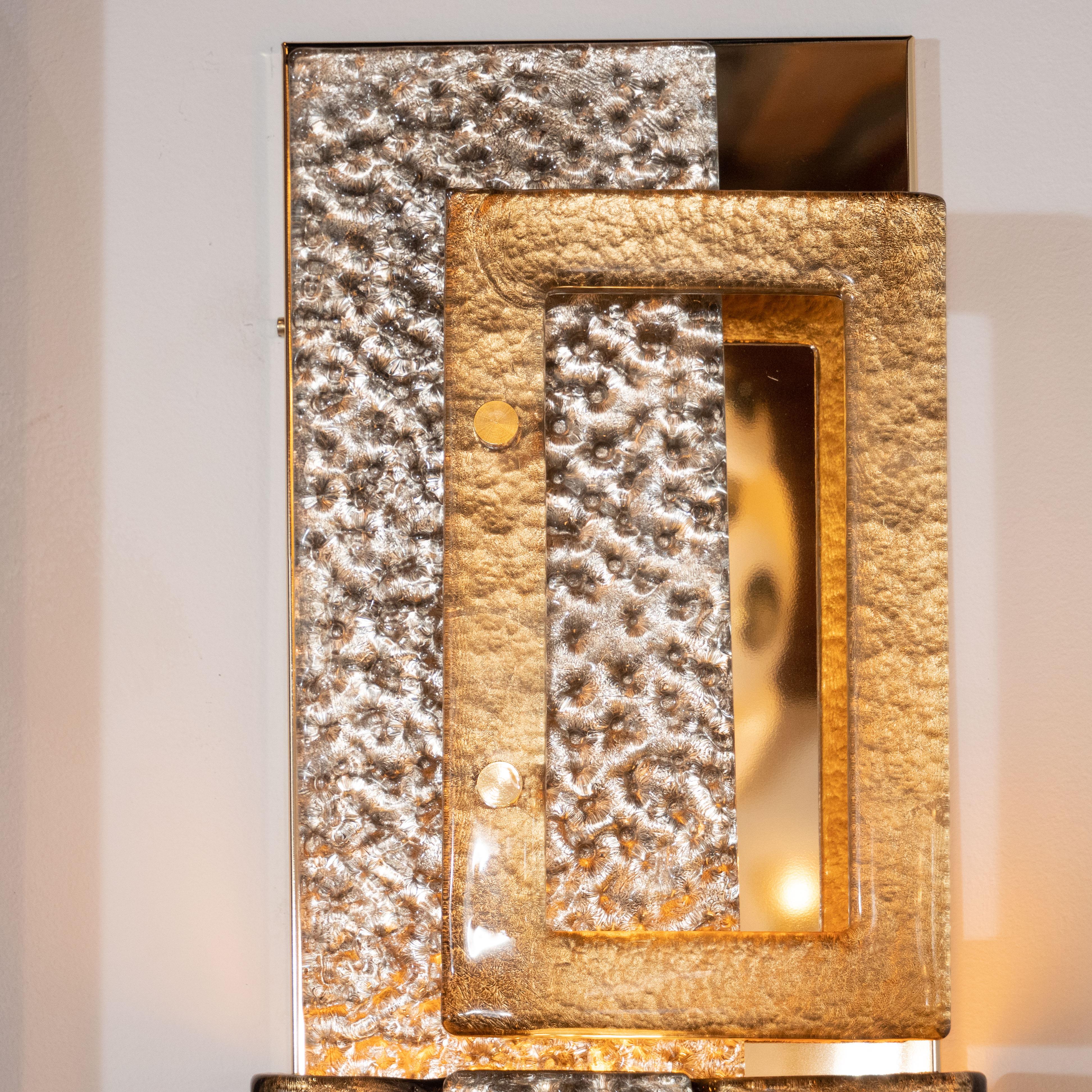 Hand-Crafted Pair of Metallic Gold and Bronze Murano Glass and Brass Sconces, Italy