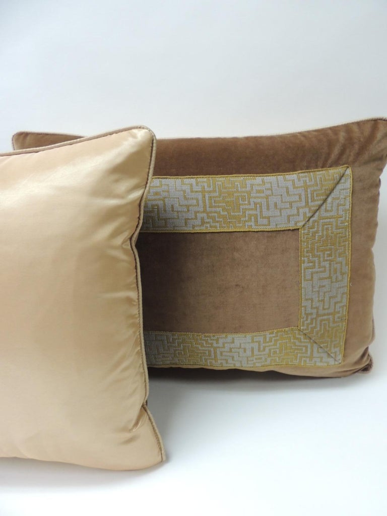 Pair of Gold and Brown Deco Style French Silk Ribbon Decorative Bolster