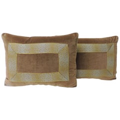 Pair of Gold and Brown Deco Style French Silk Ribbon Decorative Bolster Pillows