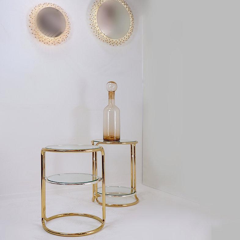 Glass Pair of gold and chrome side tables For Sale