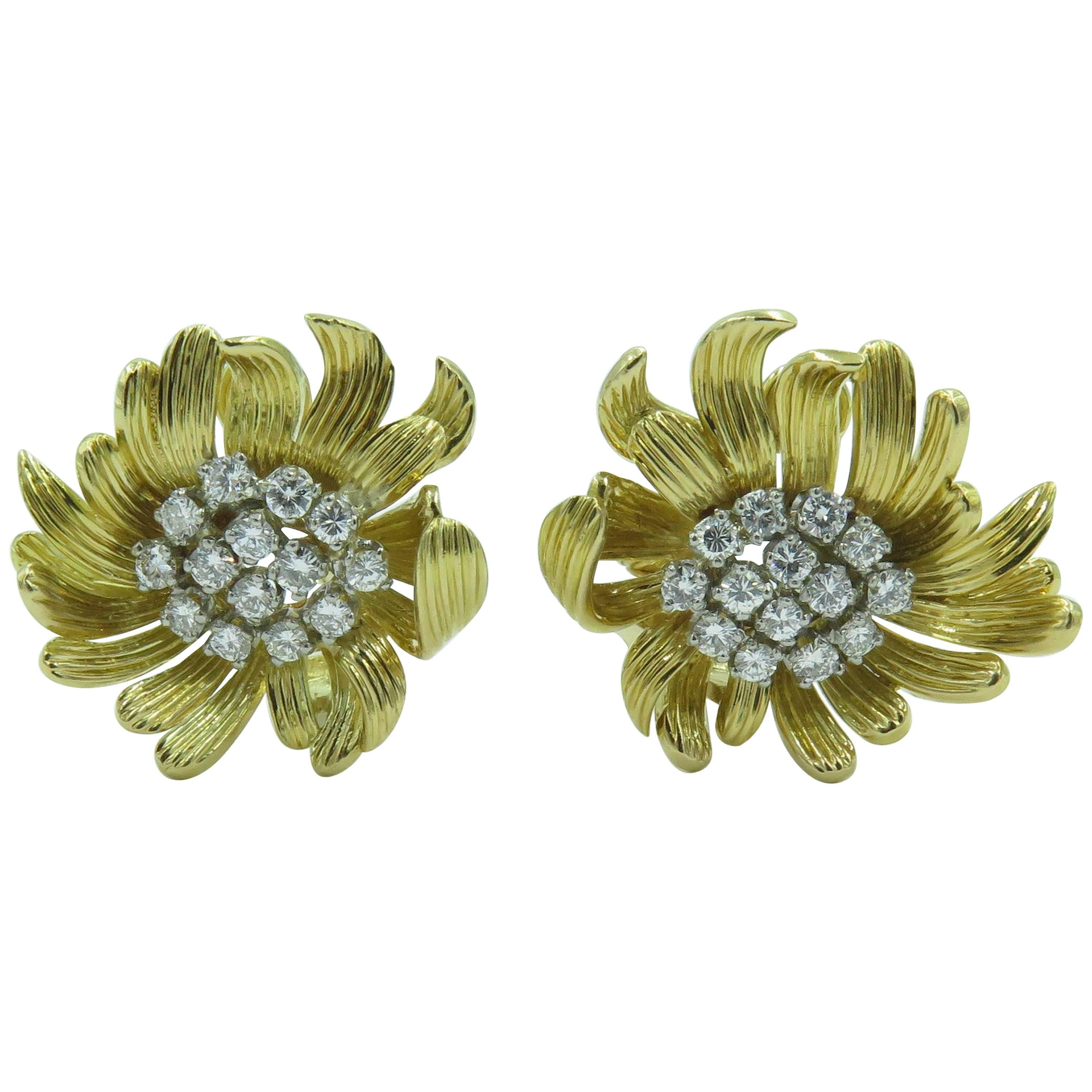 Pair of Gold and Diamond Flower Earrings