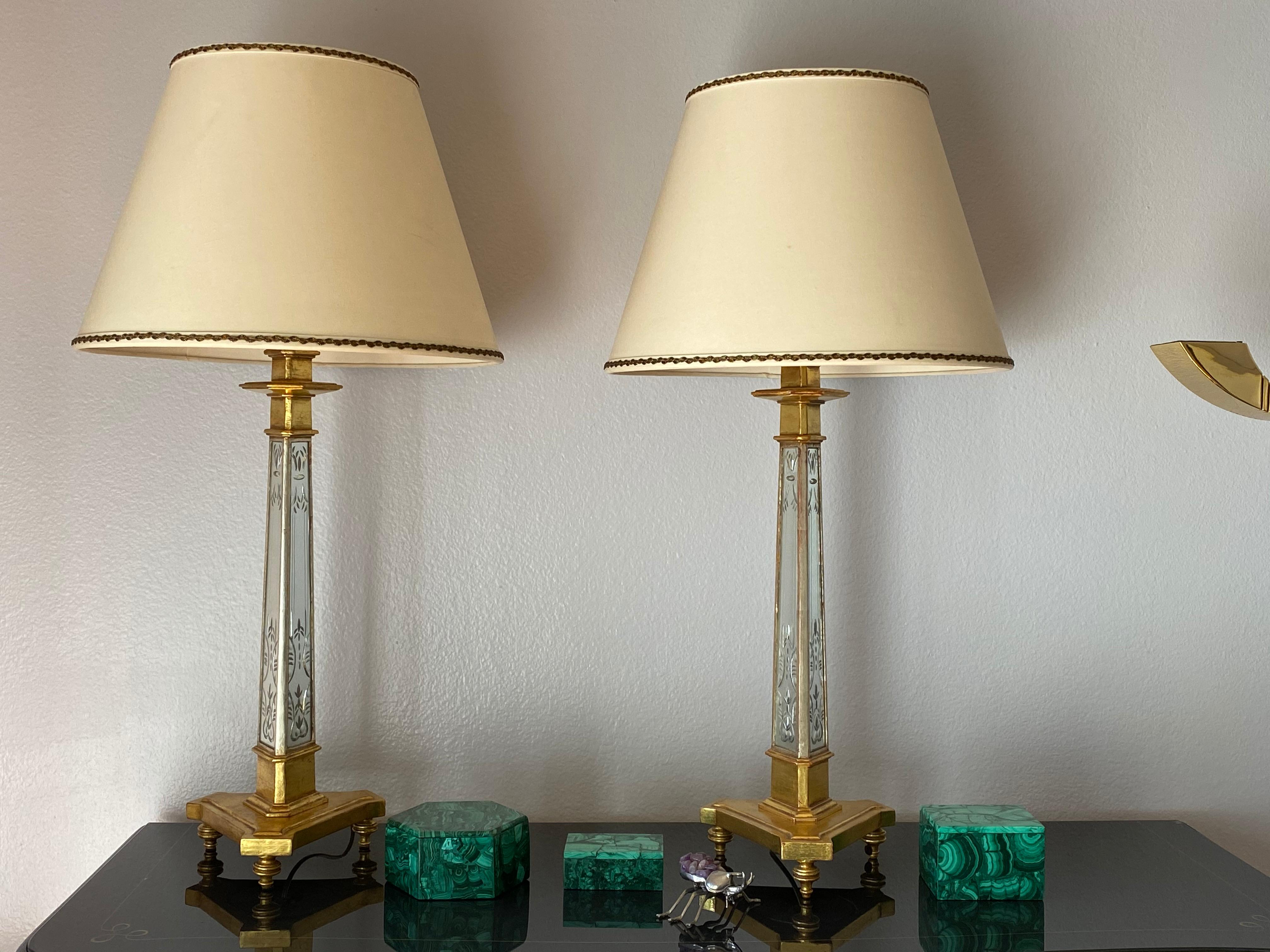 Hollywood Regency Pair of Gold and Etched Mirror Lamps