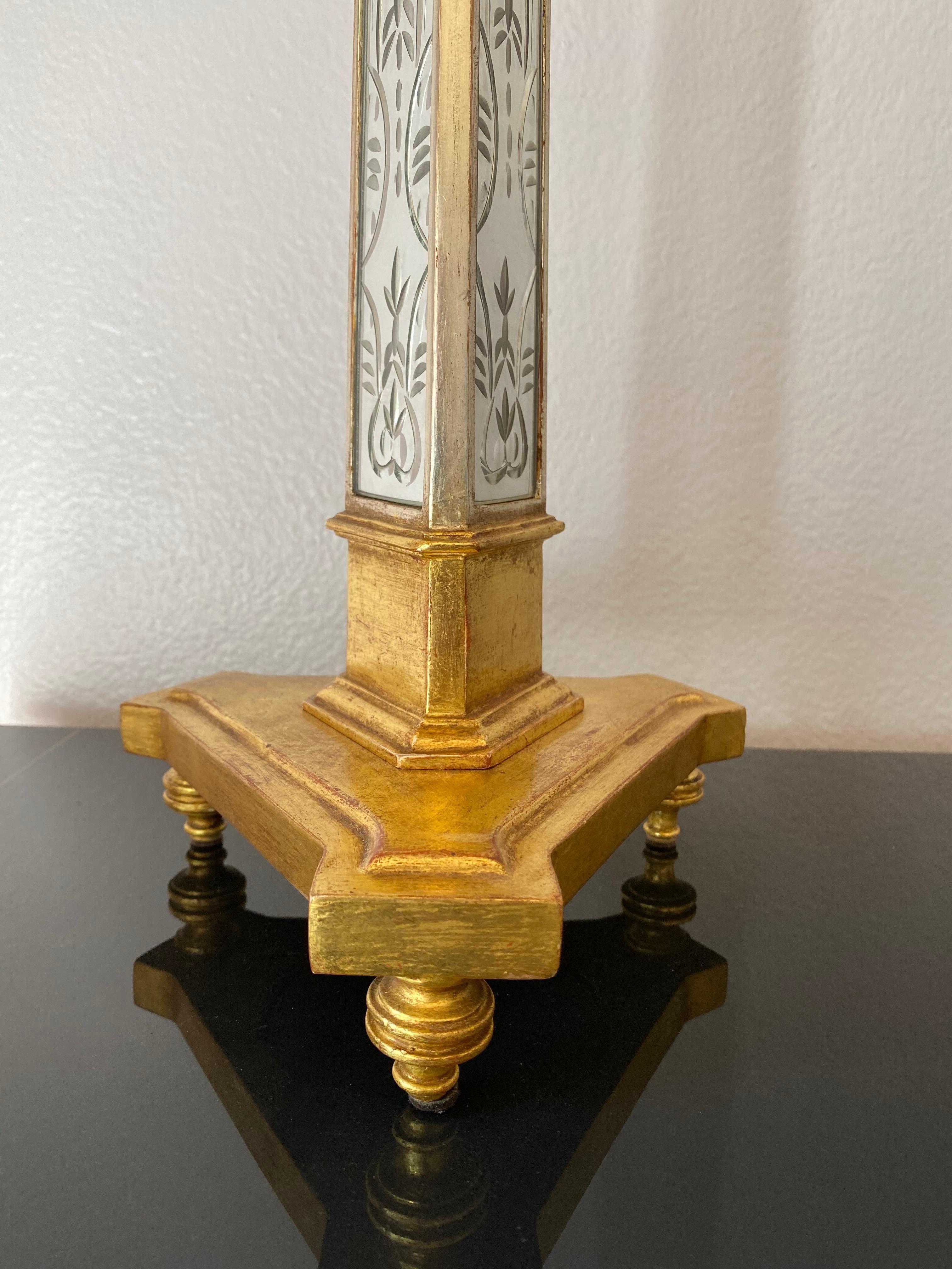 Polychromed Pair of Gold and Etched Mirror Lamps