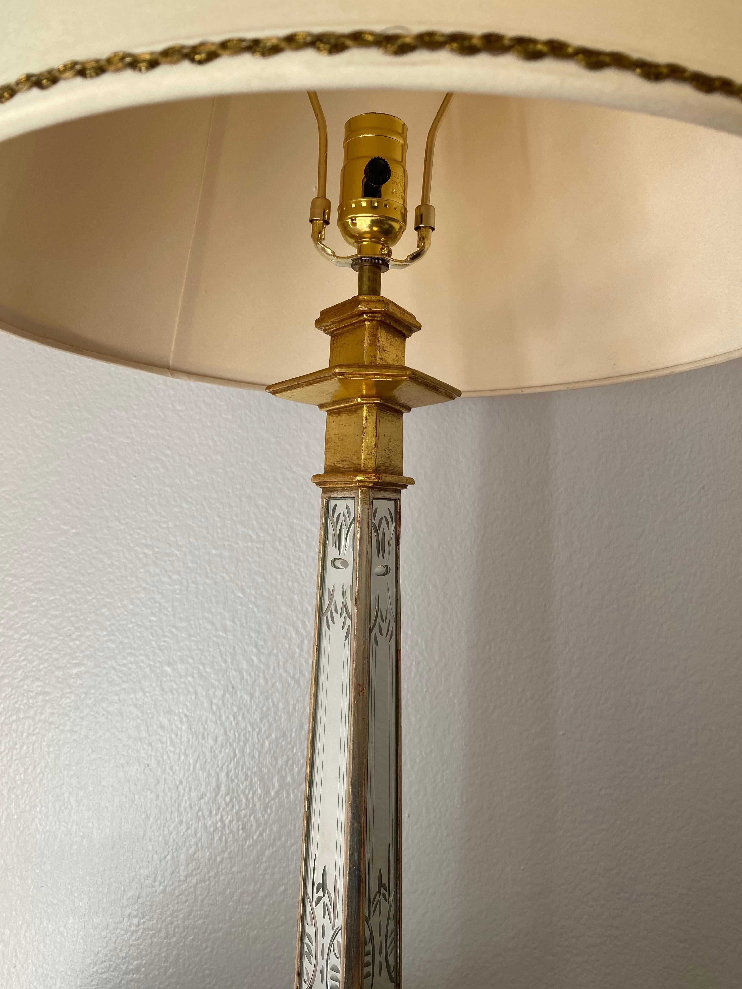 Pair of Gold and Etched Mirror Lamps In Good Condition In North Hollywood, CA
