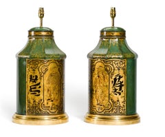 Chinoiserie Table Lamps, Green and Gilt Tea Canisters, Circa 1880