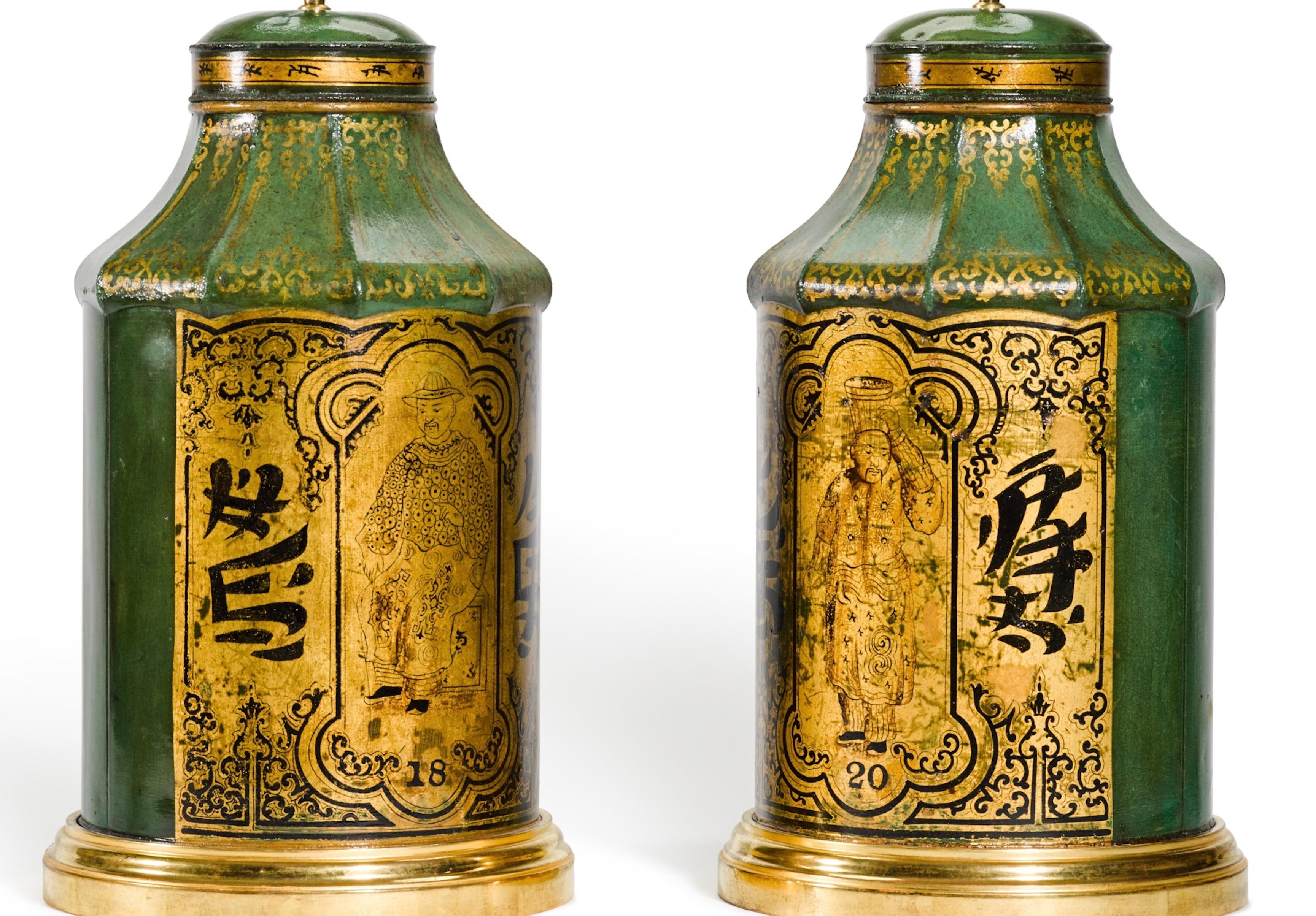 English Pair of Gold and Green 19th Century Tea Canister Antique Table Lamps For Sale