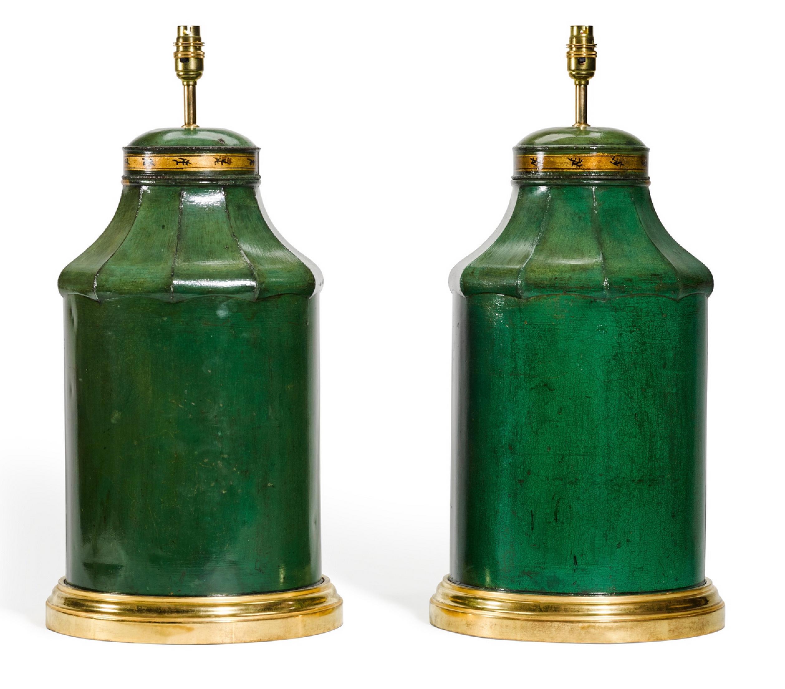 Metal Pair of Gold and Green 19th Century Tea Canister Antique Table Lamps For Sale