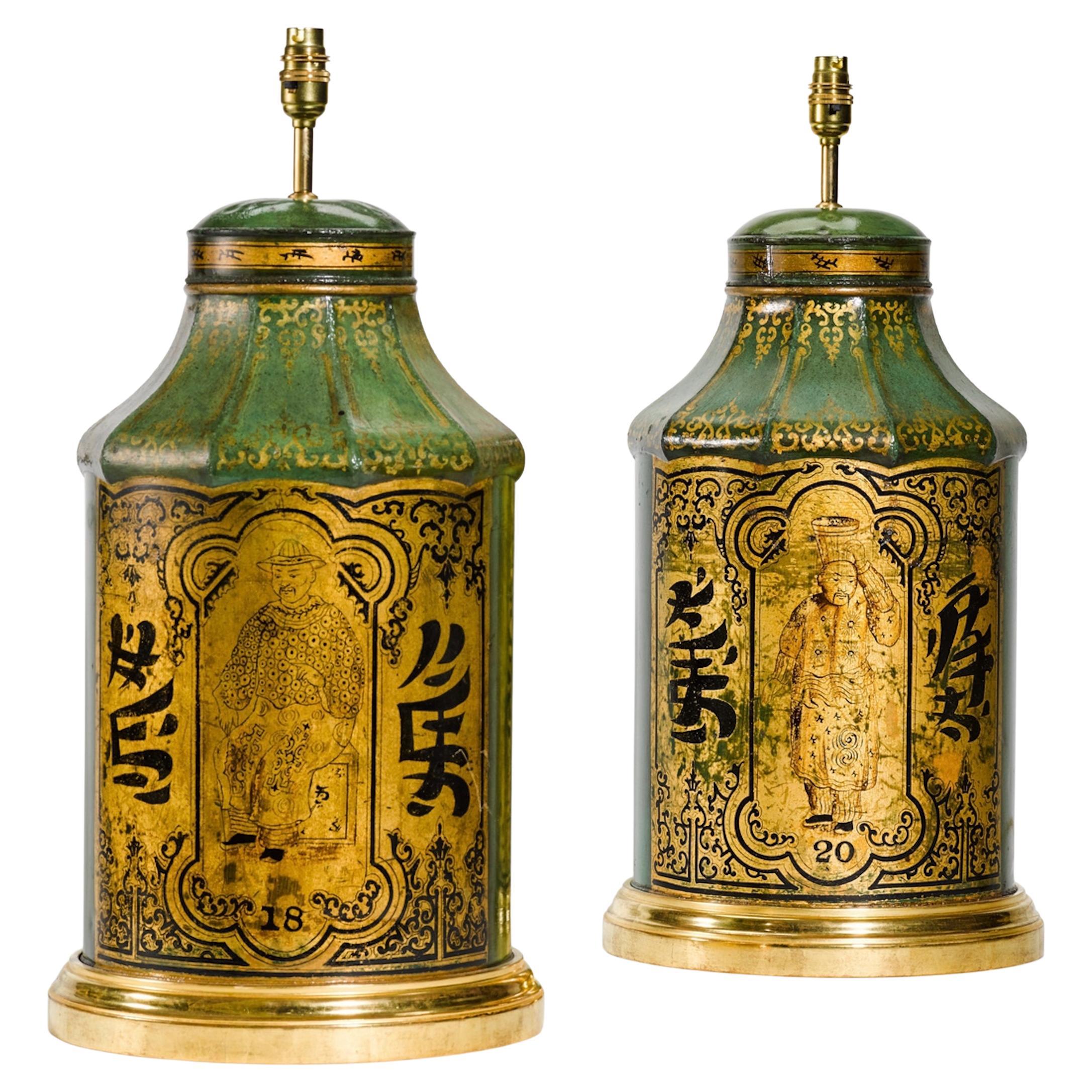 Paire de lampes de table anciennes en forme de boîte à thé du 19e siècle, or et vert