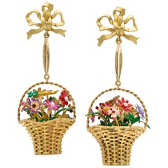 Pair of Gold and Multi-Color Enamel Basket Earrings